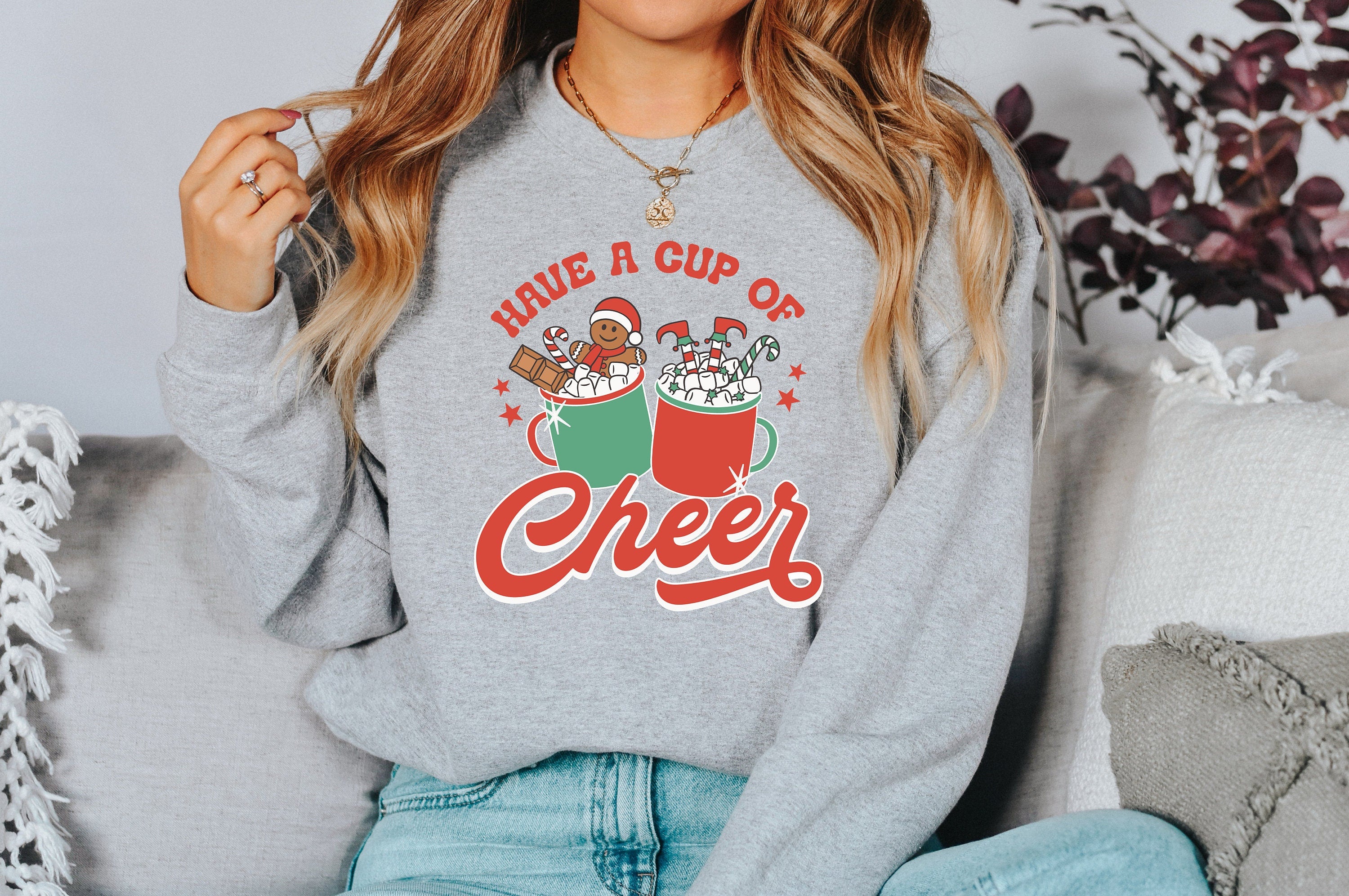 Have a Cup of Cheer Cocoa Sweater, Vintage Christmas, Christmas Sweatshirt, Women's Cute Santa, Xmas Graphic Pullover, Holiday Ugly Sweater