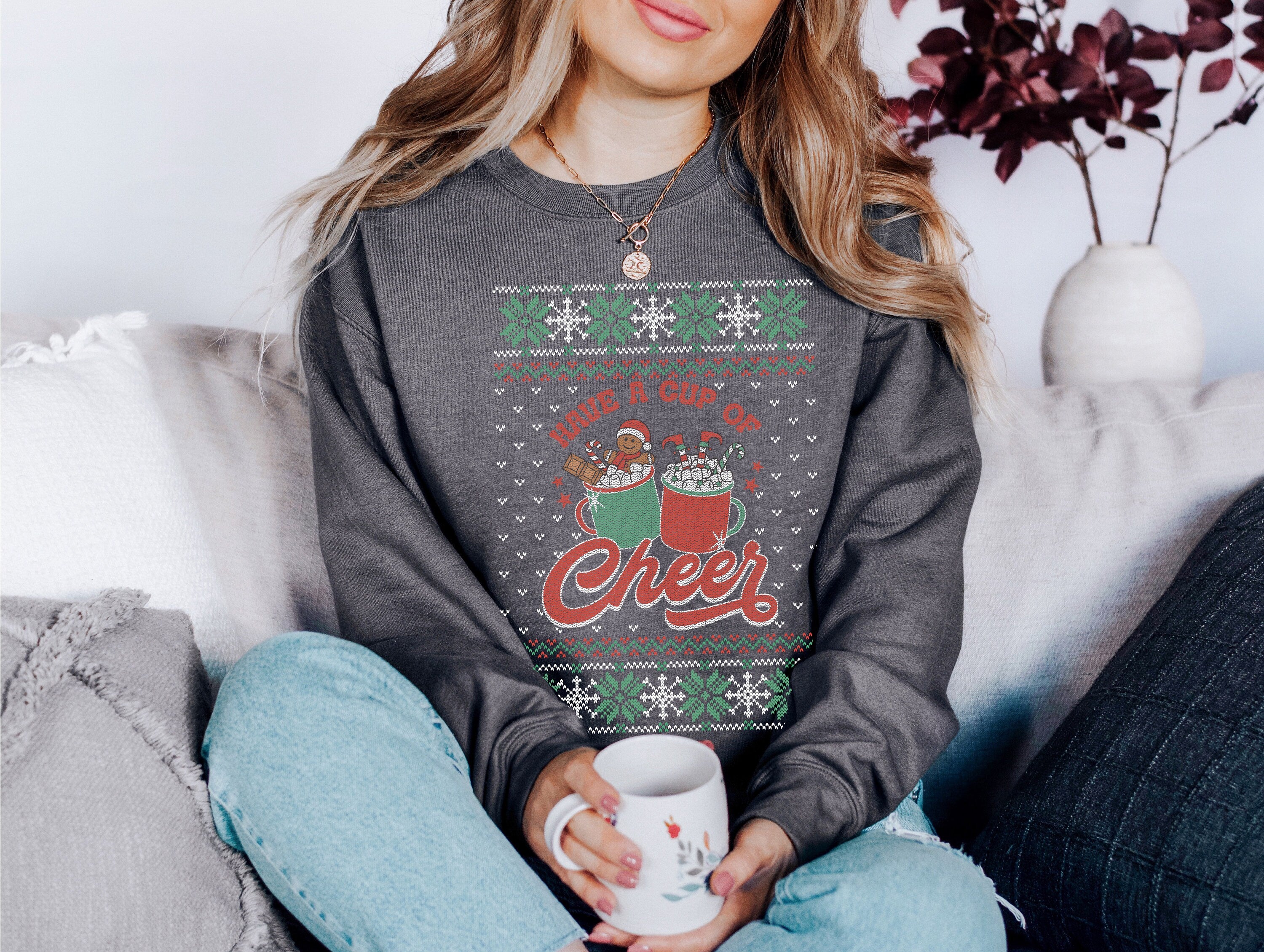 Have a Cup of Cheer Cocoa Sweater, Vintage Christmas, Christmas Sweatshirt, Women's Cute Santa, Graphic Pullover, Ugly Christmas Sweater