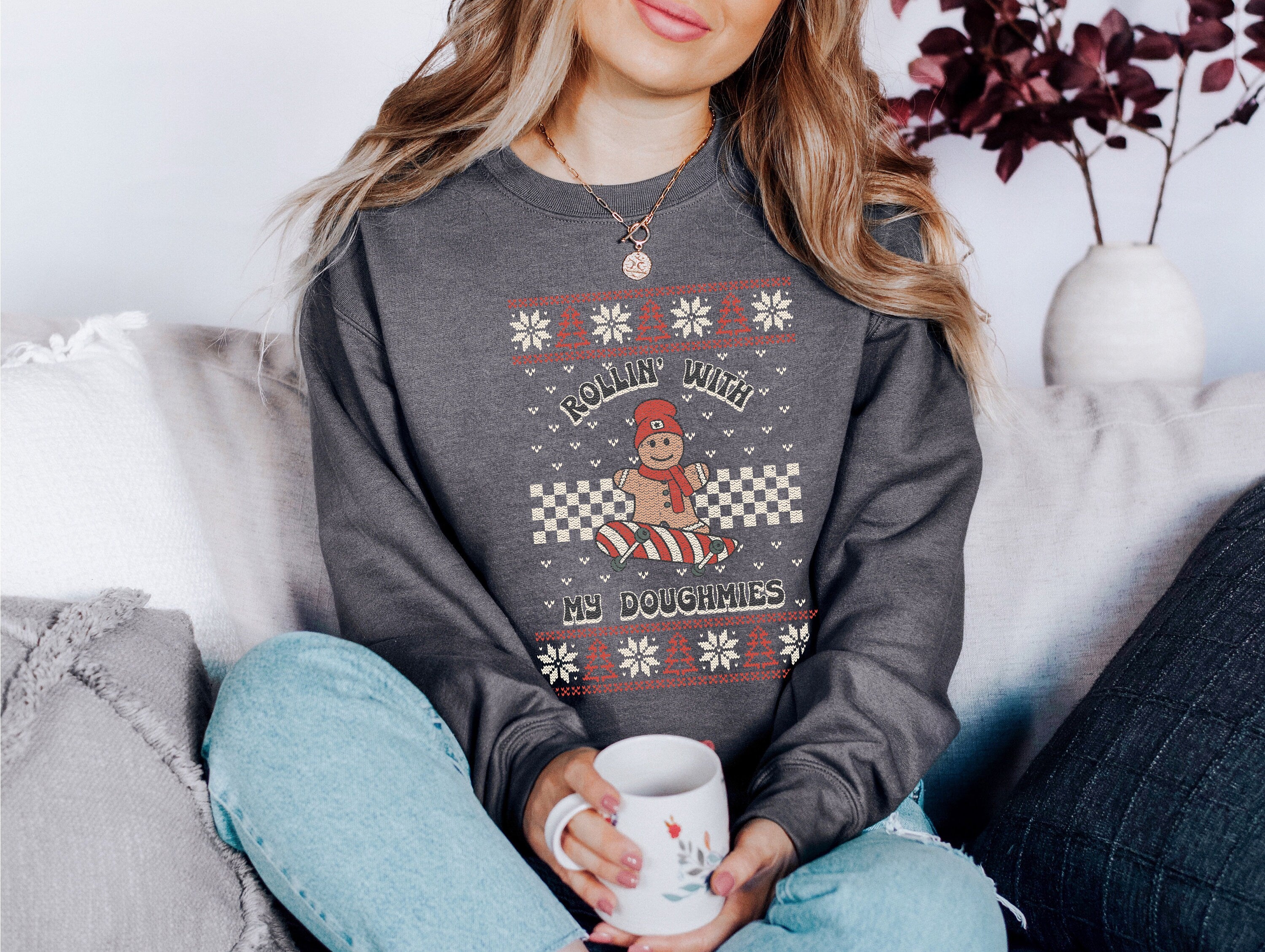Rollin With My Doughmies Sweater, Vintage Christmas, Christmas Sweatshirt, Women's Cute Santa, Graphic Pullover, Ugly Christmas Sweater