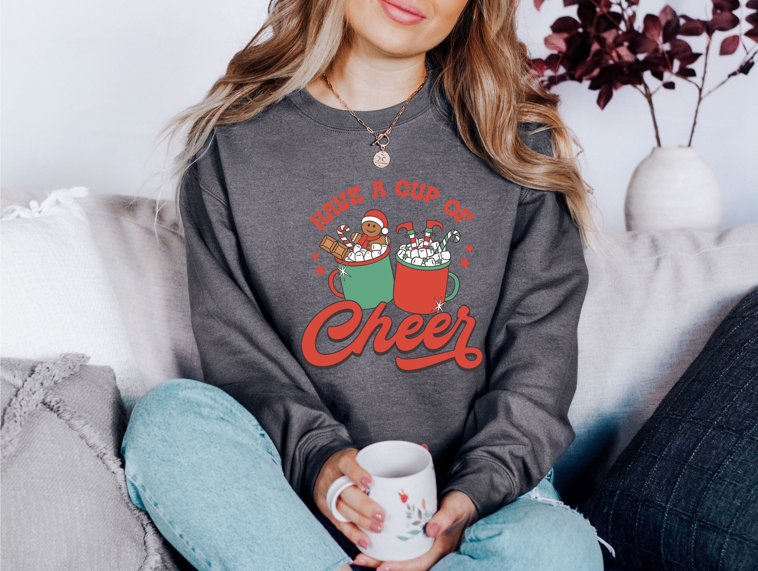 Have a Cup of Cheer Cocoa Sweater, Vintage Christmas, Christmas Sweatshirt, Women's Cute Santa, Xmas Graphic Pullover, Holiday Ugly Sweater