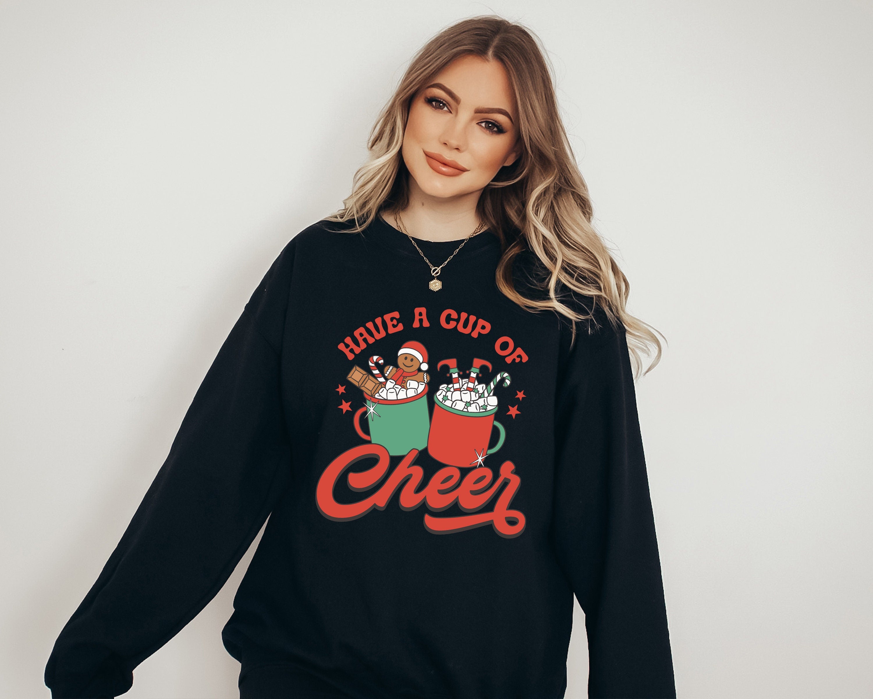 Have a Cup of Cheer Cocoa Sweater, Vintage Christmas, Christmas Sweatshirt, Women's Cute Santa, Xmas Graphic Pullover, Holiday Ugly Sweater