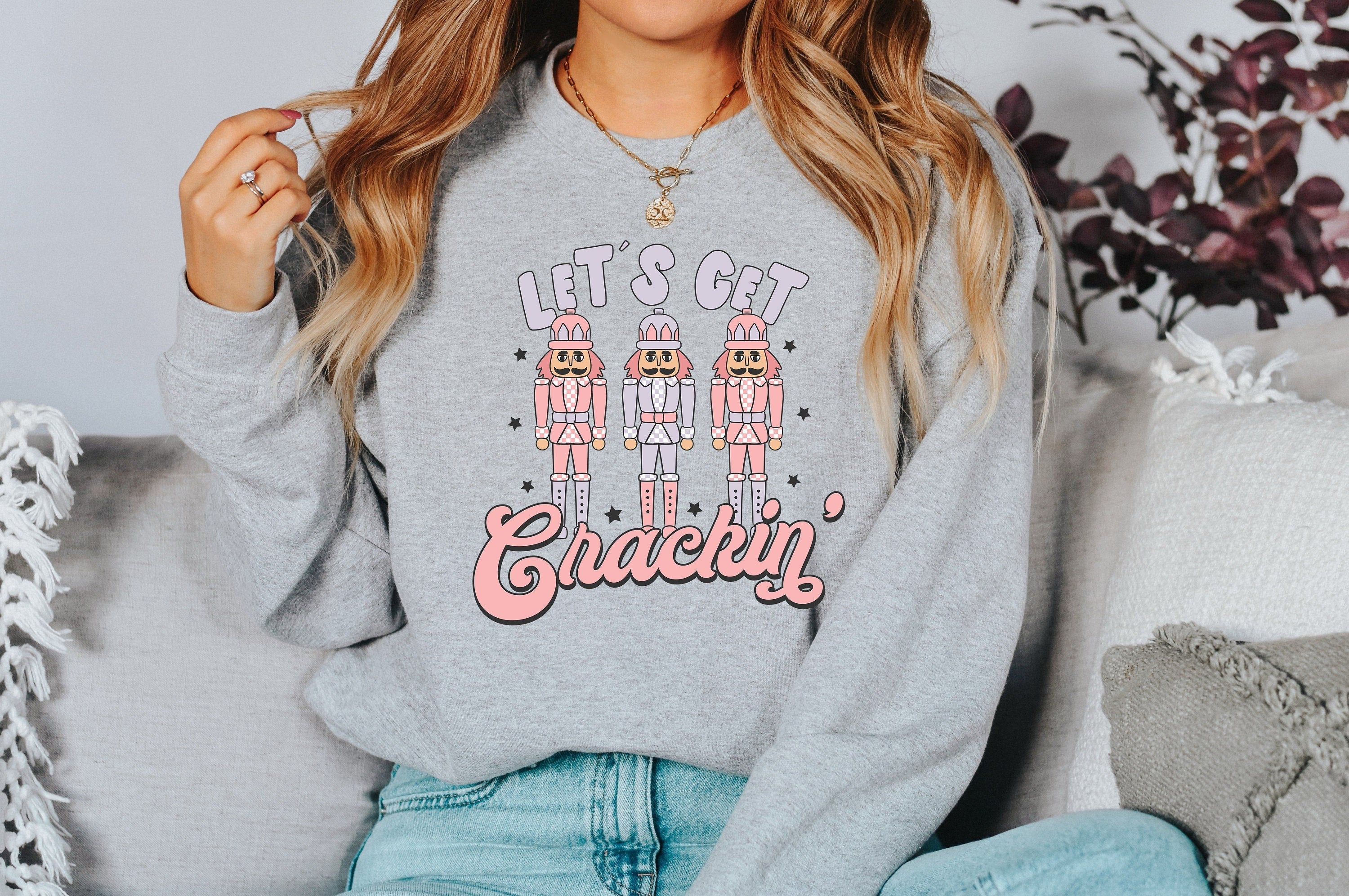 Let's Get Crackin' Sweater, Vintage Christmas, Christmas Sweatshirt, Women's Cute Santa, Xmas Graphic Pullover, Holiday Ugly Sweater