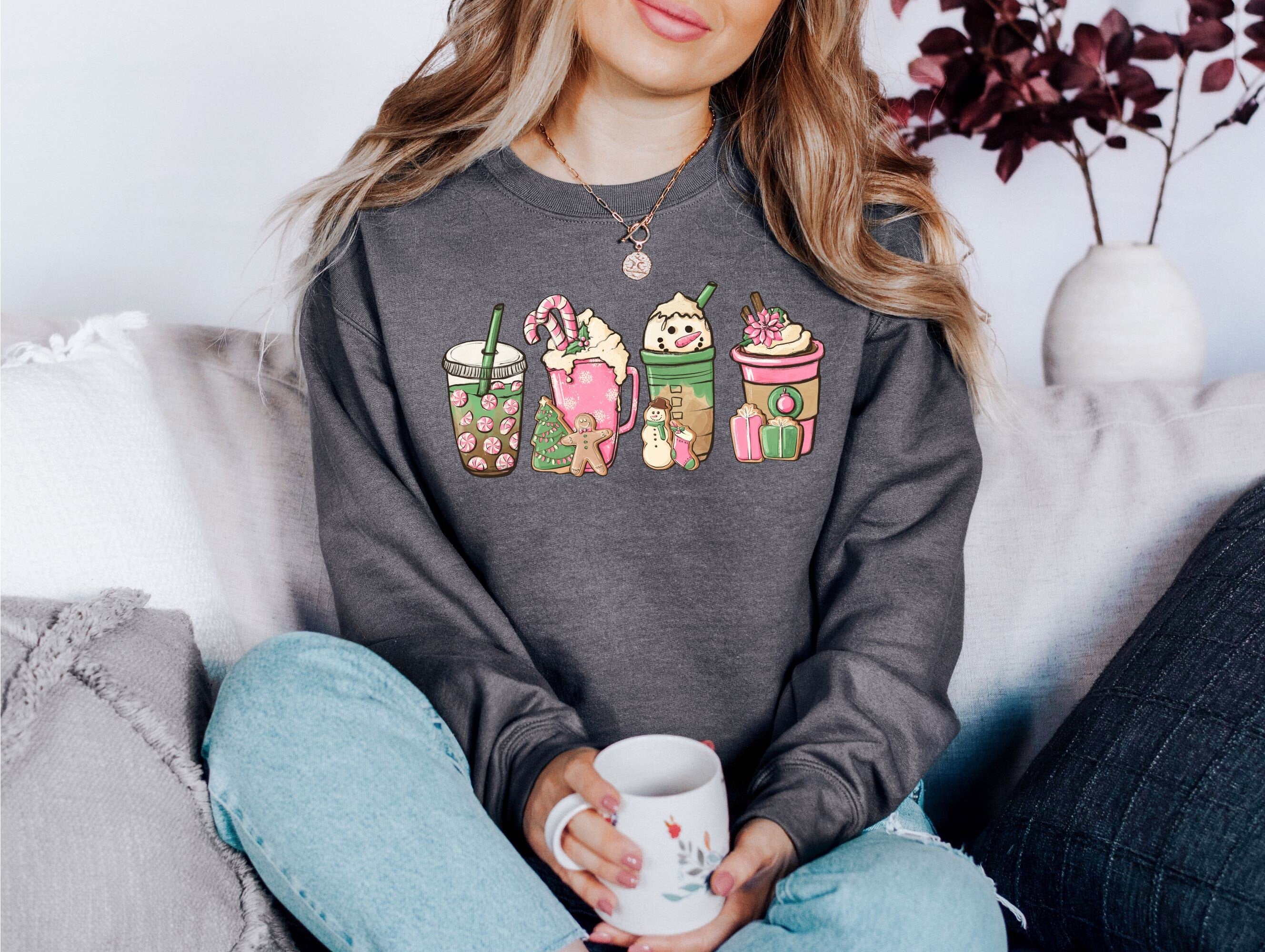 Snowman Coffee Lover, Latte Sweater, Vintage Christmas, Christmas Sweatshirt, Womens Cute Santa, Xmas Graphic Pullover, Holiday Ugly Sweater