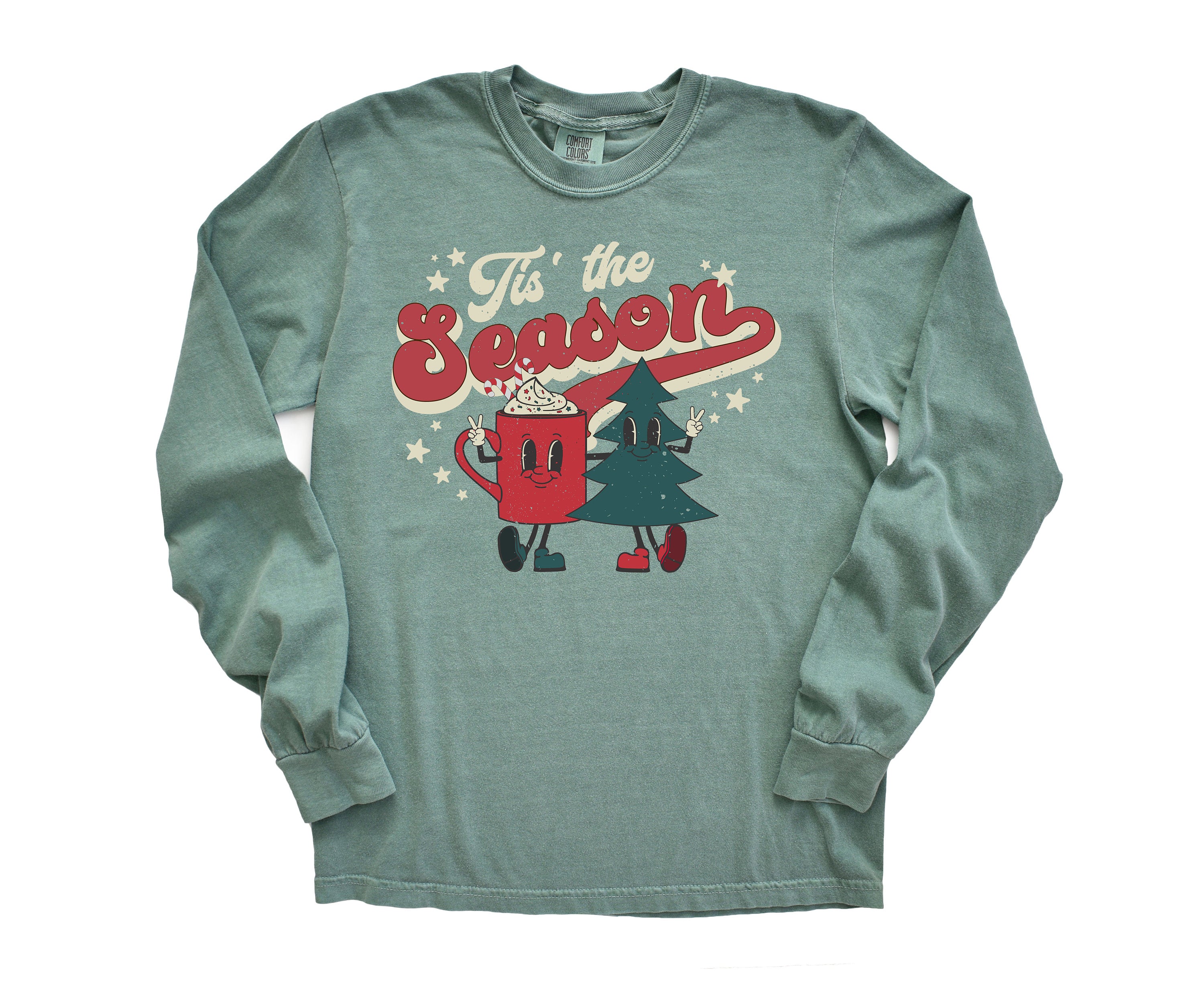 Long Sleeve Retro Christmas Comfort Colors Shirt, Tis The Season Hot Cocoa, Vintage Holiday Shirt, Santa Shirt, Retro Christmas Shirt