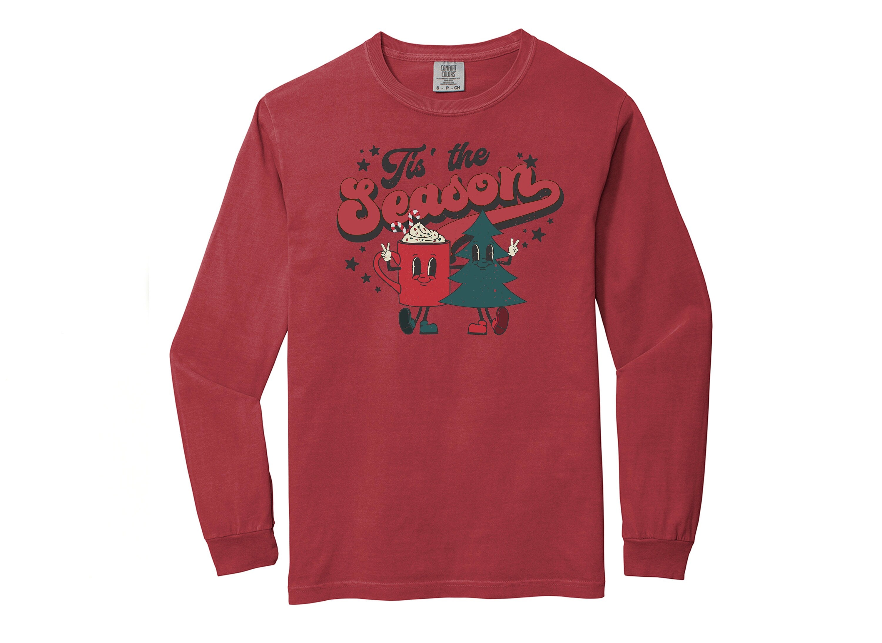 Long Sleeve Retro Christmas Comfort Colors Shirt, Tis The Season Hot Cocoa, Vintage Holiday Shirt, Santa Shirt, Retro Christmas Shirt