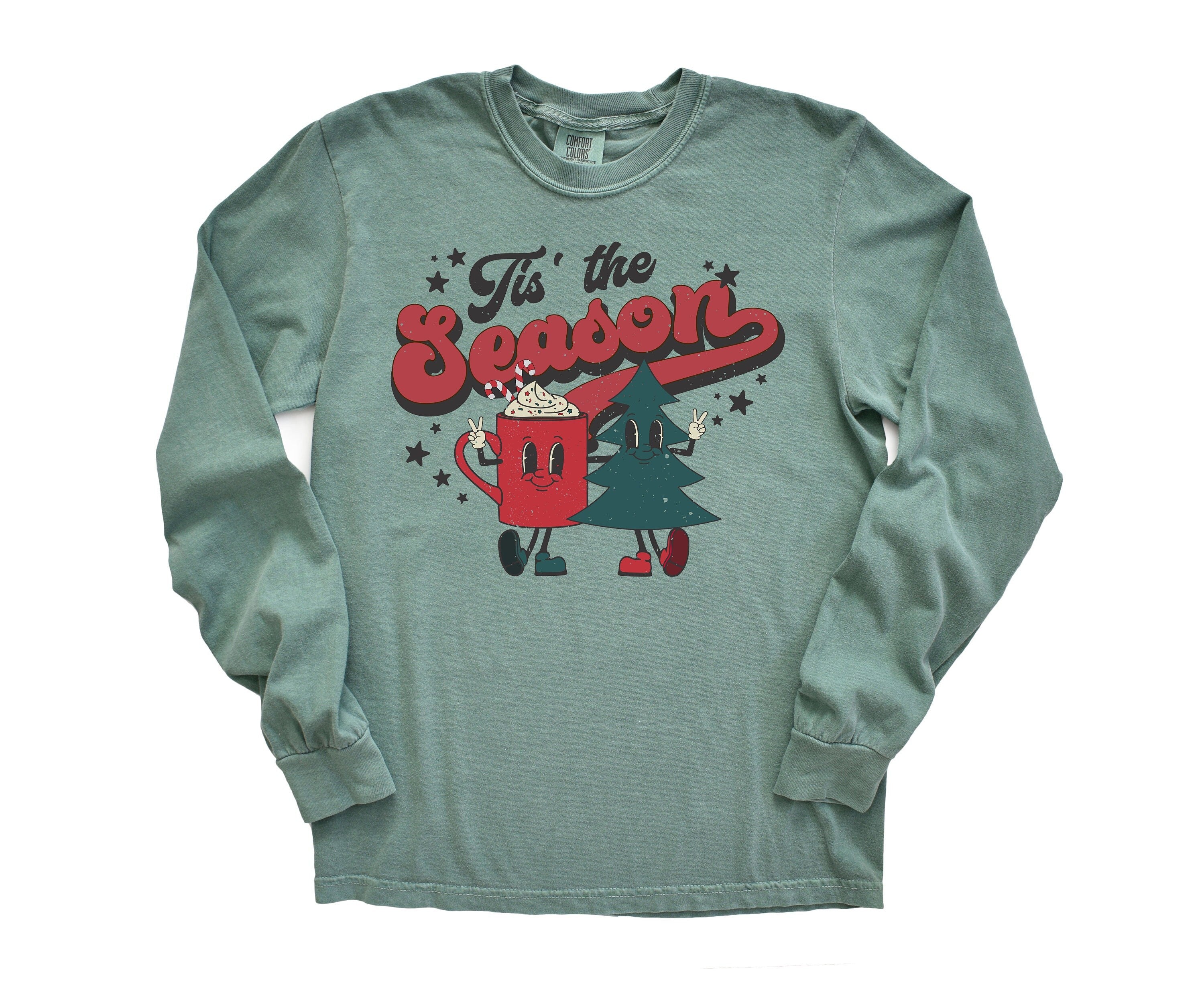 Long Sleeve Retro Christmas Comfort Colors Shirt, Tis The Season Hot Cocoa, Vintage Holiday Shirt, Santa Shirt, Retro Christmas Shirt