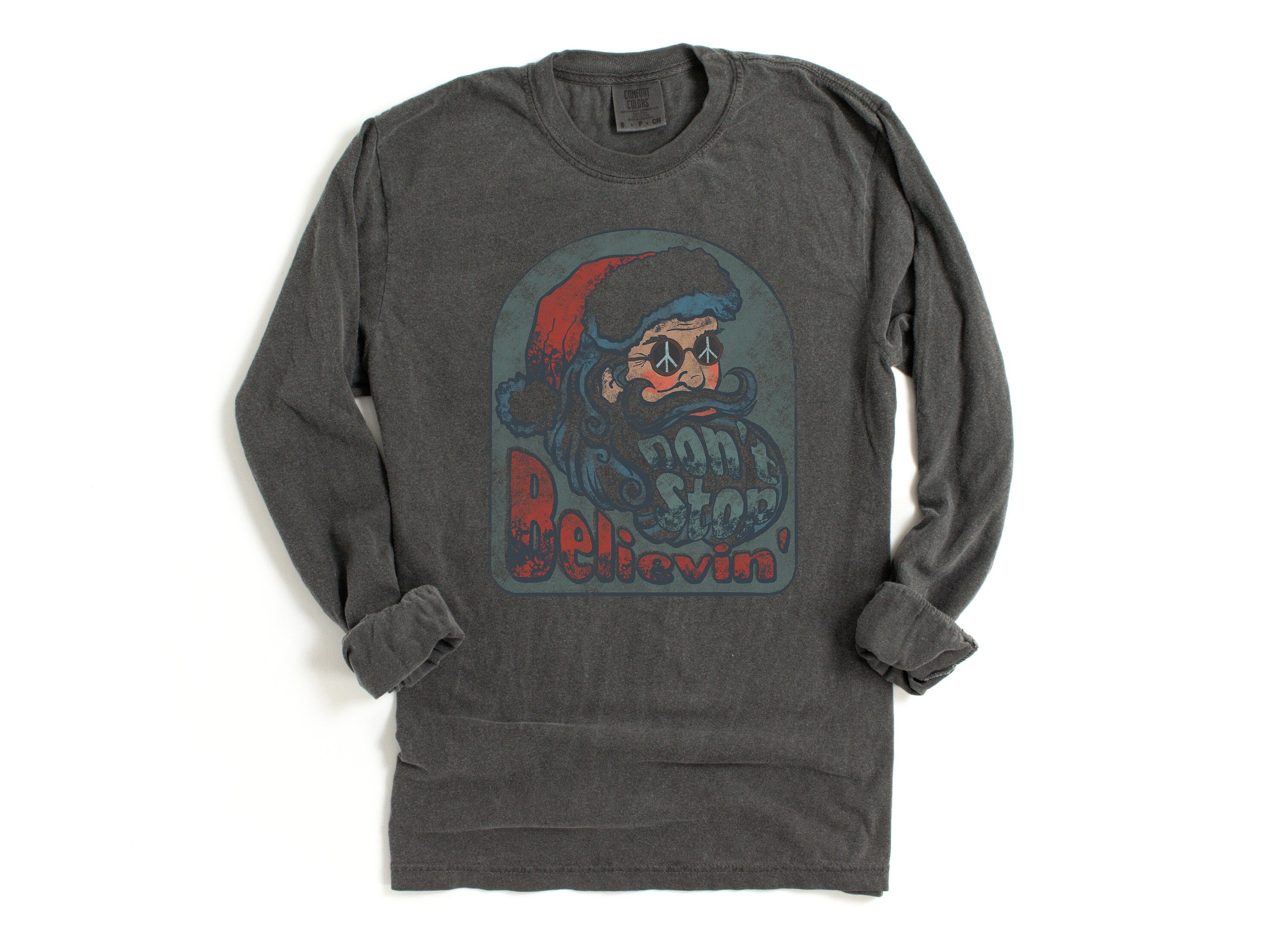 Long Sleeve Retro Christmas Comfort Colors shirt, Dont Stop Believing, Vintage New Years Holiday Shirt, Santa Shirt, Retro Christmas Shirt
