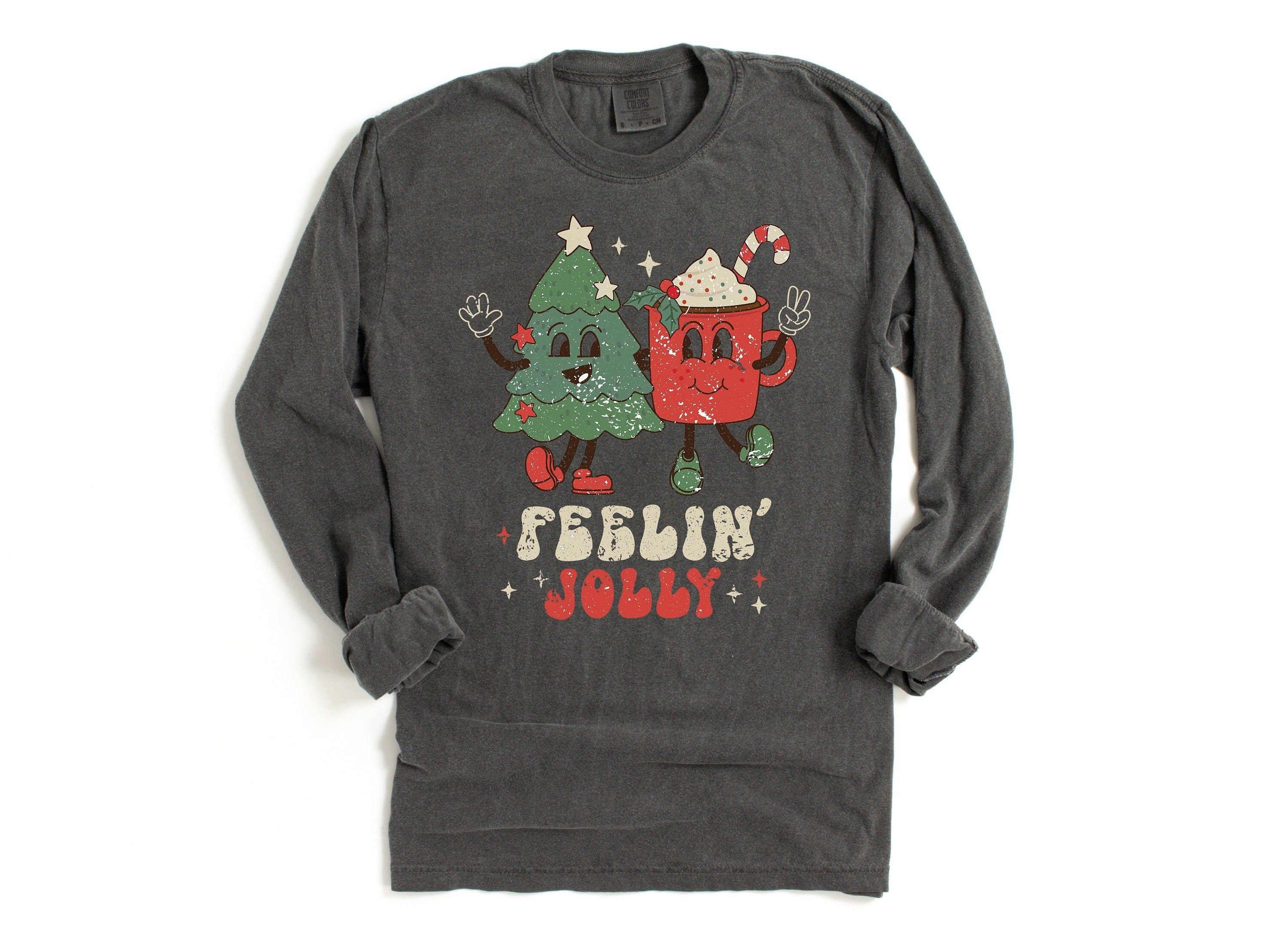 Long Sleeve Retro Christmas Comfort Colors Shirt, Feeling Jolly Tree & Hot Cocoa, Vintage Holiday Shirt, Santa Shirt, Retro Christmas Shirt