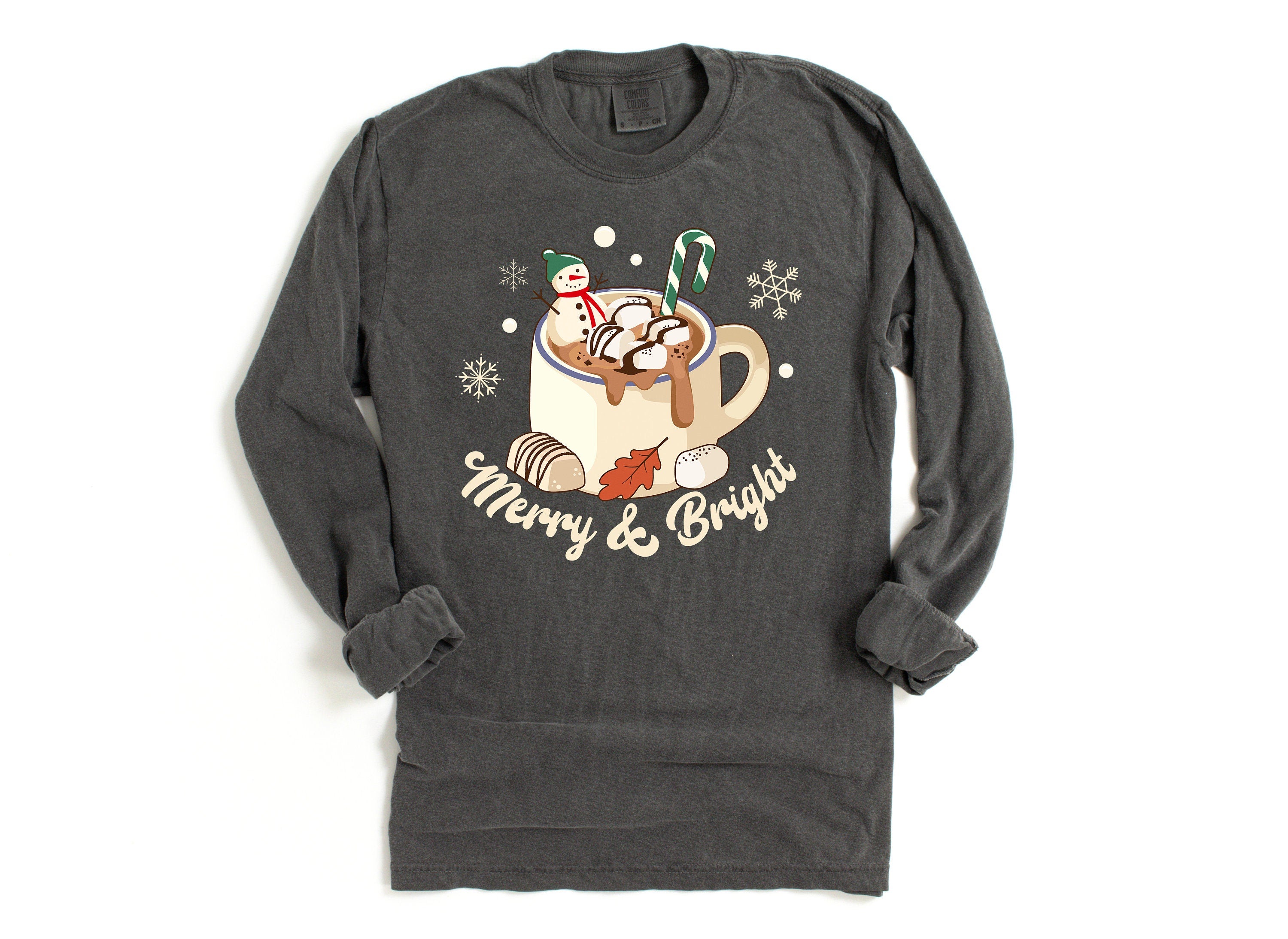 Long Sleeve Retro Christmas Comfort Colors shirt, Merry and Bright Hot Chocolate, Vintage Holiday Shirt, Santa Shirt, Retro Christmas Shirt