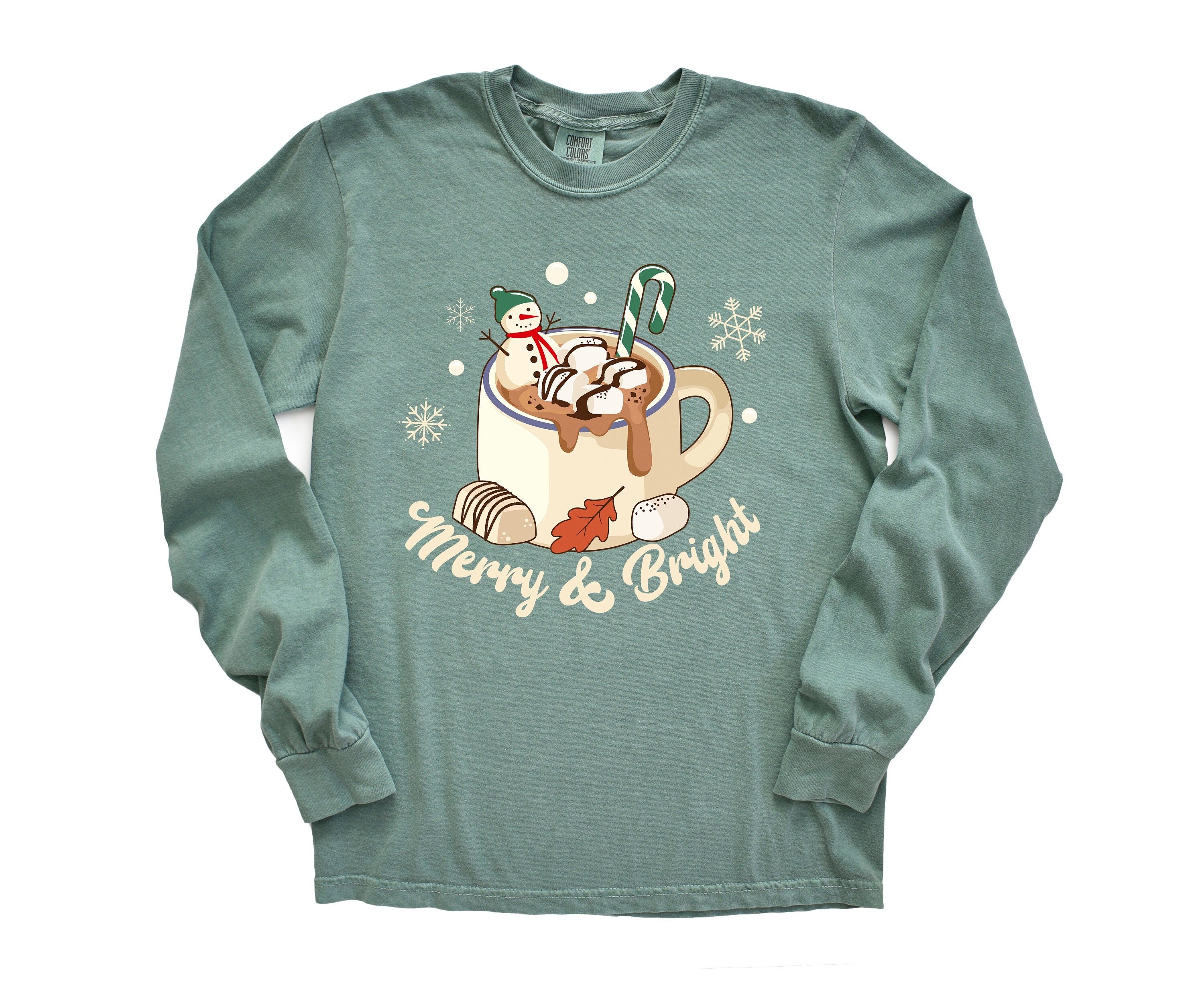 Long Sleeve Retro Christmas Comfort Colors shirt, Merry and Bright Hot Chocolate, Vintage Holiday Shirt, Santa Shirt, Retro Christmas Shirt