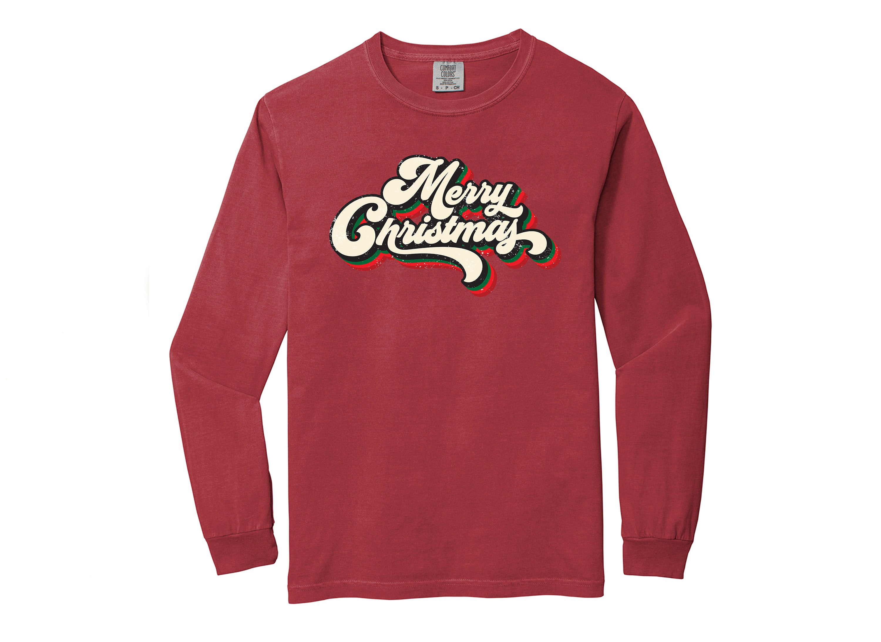 Long Sleeve Retro Christmas Comfort Colors shirt, Merry Christmas Boho Script, Vintage Holiday Shirt, Santa Shirt, Retro Christmas Shirt