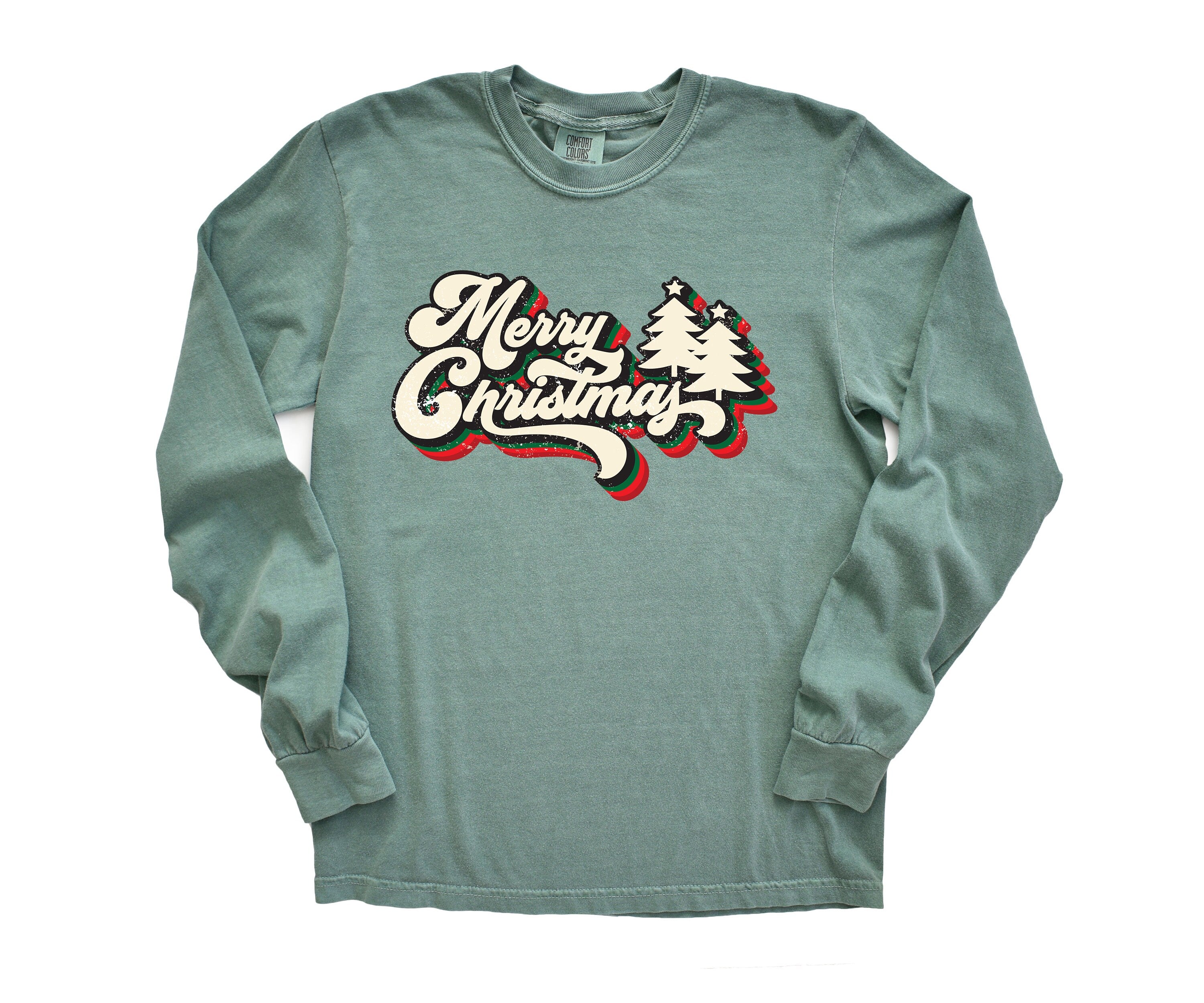 Long Sleeve Retro Christmas Comfort Colors shirt, Merry Christmas Boho Tree, Vintage Holiday Shirt, Santa Shirt, Retro Christmas Shirt