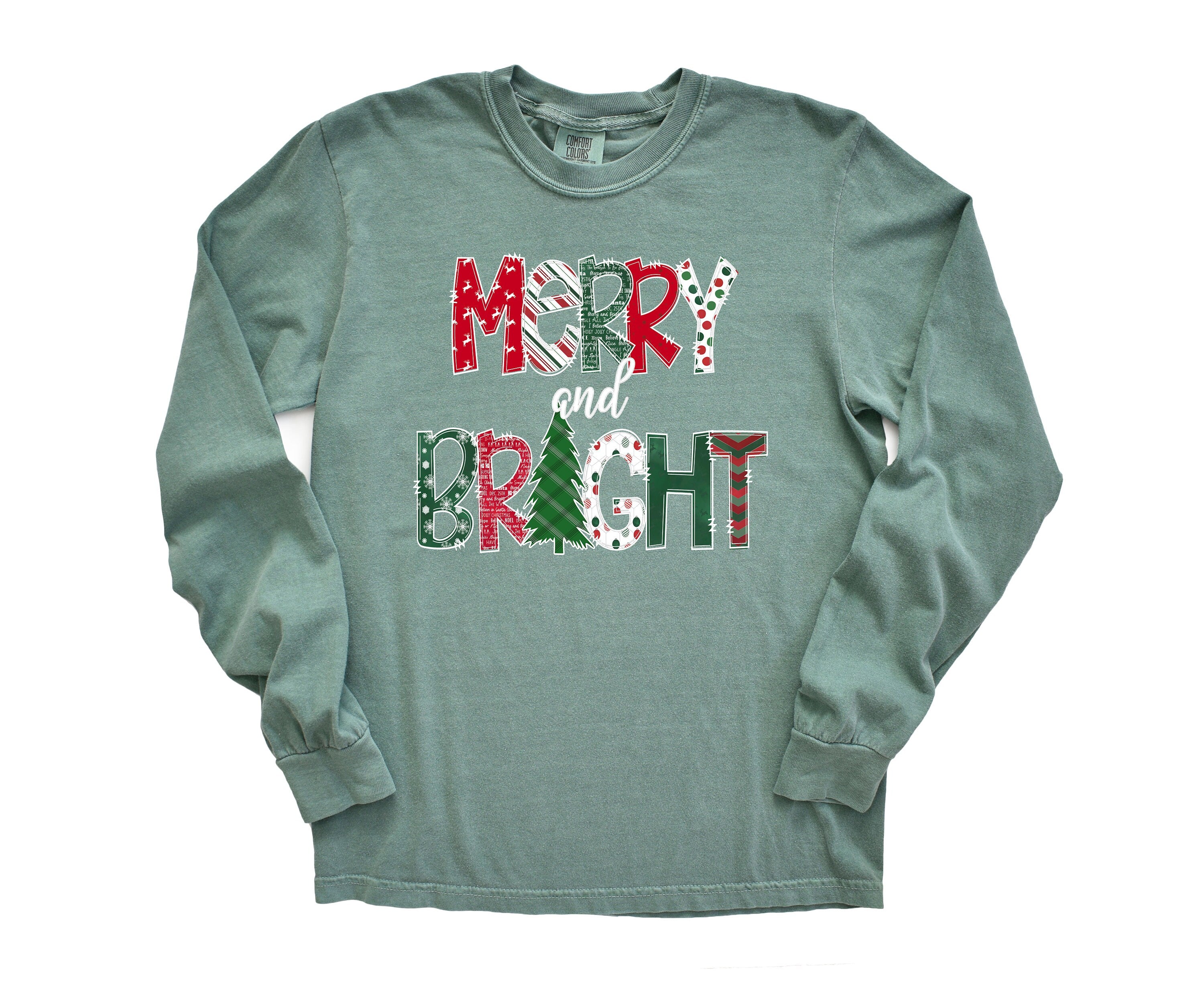 Long Sleeve Retro Christmas Comfort Colors Shirt, Merry and Bright Boho Font, Vintage Holiday Shirt, Santa Shirt, Retro Christmas Shirt