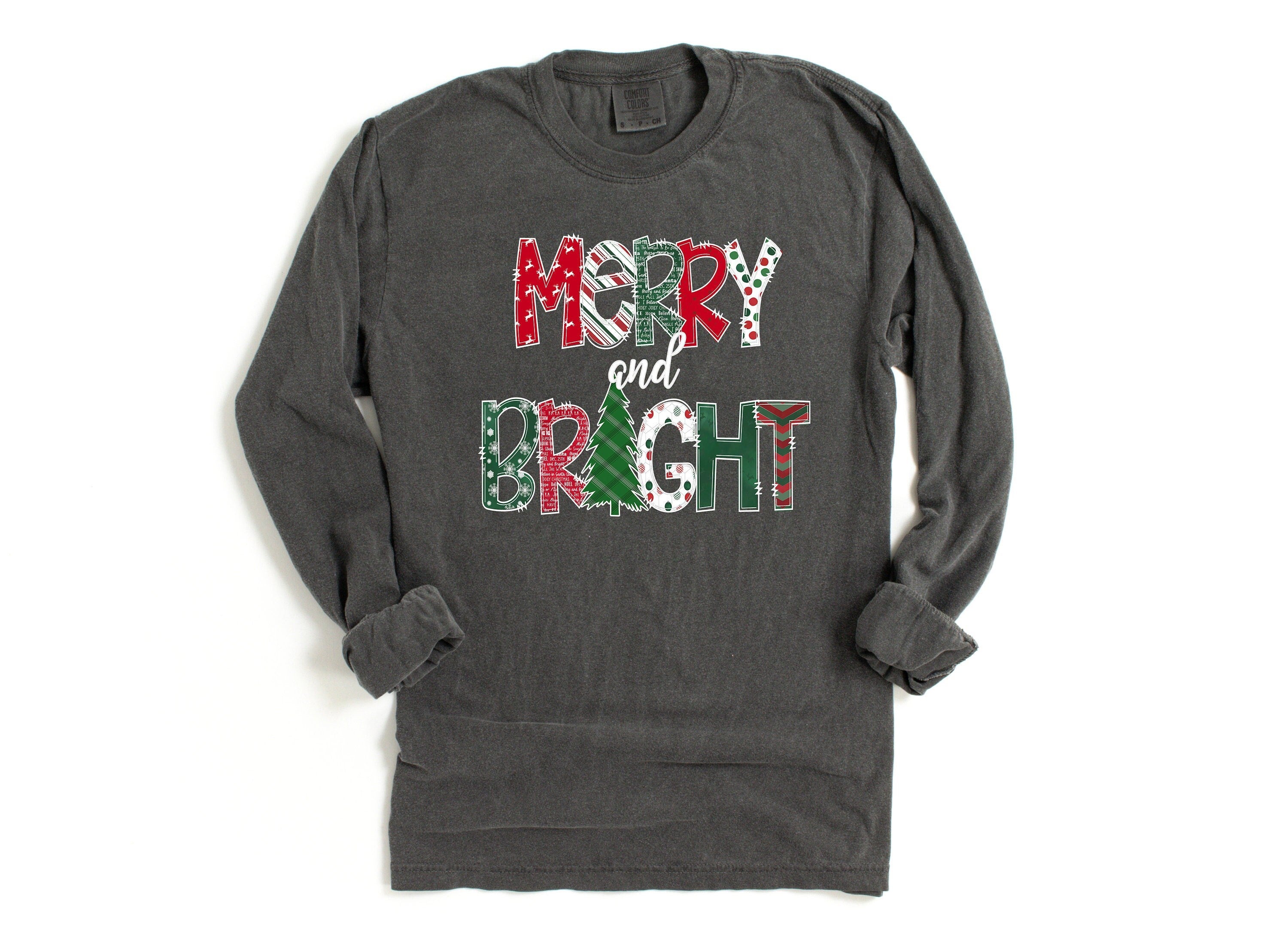 Long Sleeve Retro Christmas Comfort Colors Shirt, Merry and Bright Boho Font, Vintage Holiday Shirt, Santa Shirt, Retro Christmas Shirt