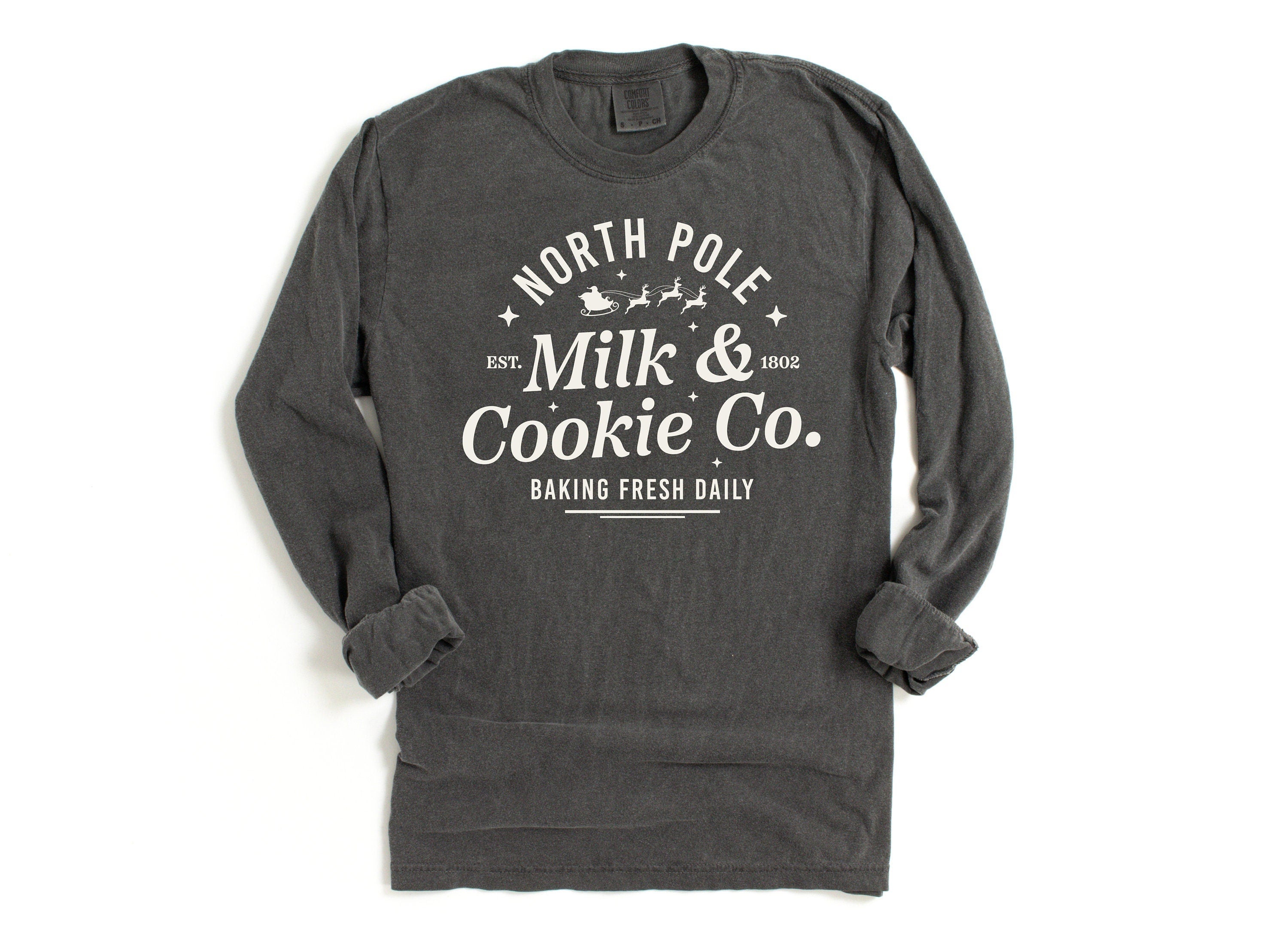 Long Sleeve Retro Christmas Comfort Colors shirt, Milk And Cookies North Pole, Vintage Holiday Shirt, Santa Shirt, Retro Christmas Shirt