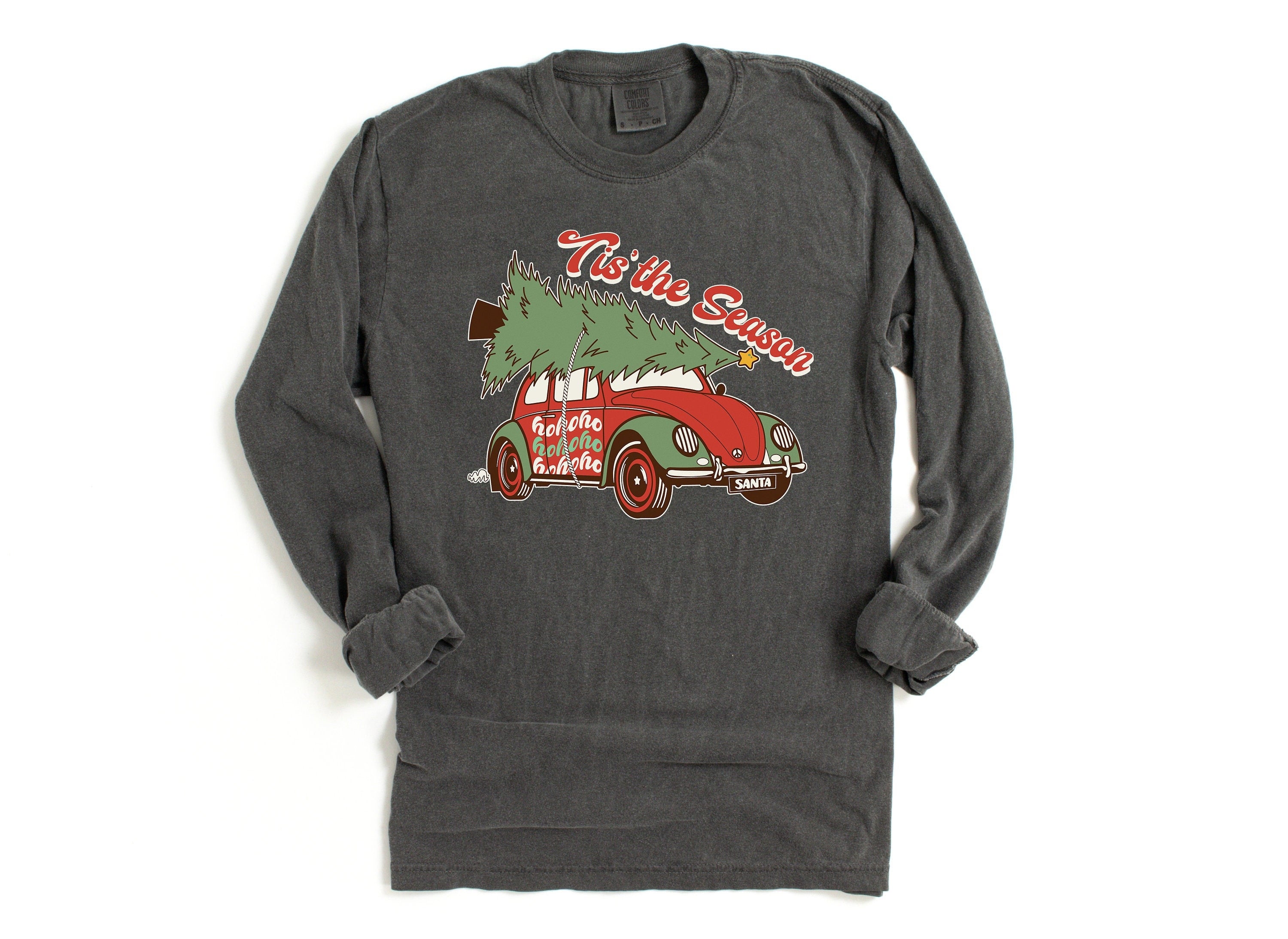 Long Sleeve Retro Christmas Comfort Colors Shirt, Tis The Season Retro Van, Vintage Holiday Shirt, Santa Shirt, Retro Christmas Shirt