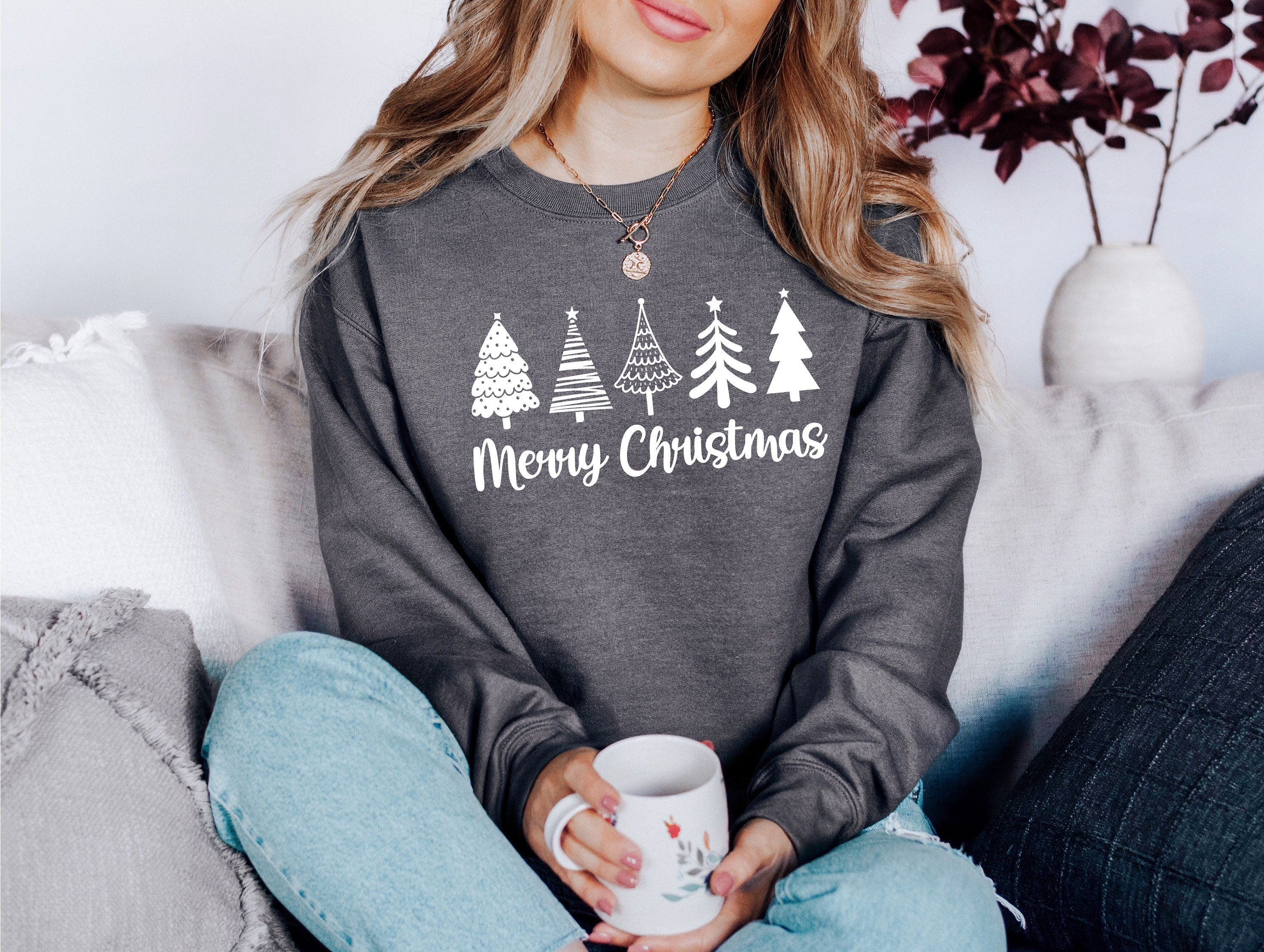 Boho Merry Christmas Tree Sweater, Vintage Christmas, Christmas Sweatshirt, Women's Cute Santa, Xmas Graphic Pullover, Holiday Ugly Sweater