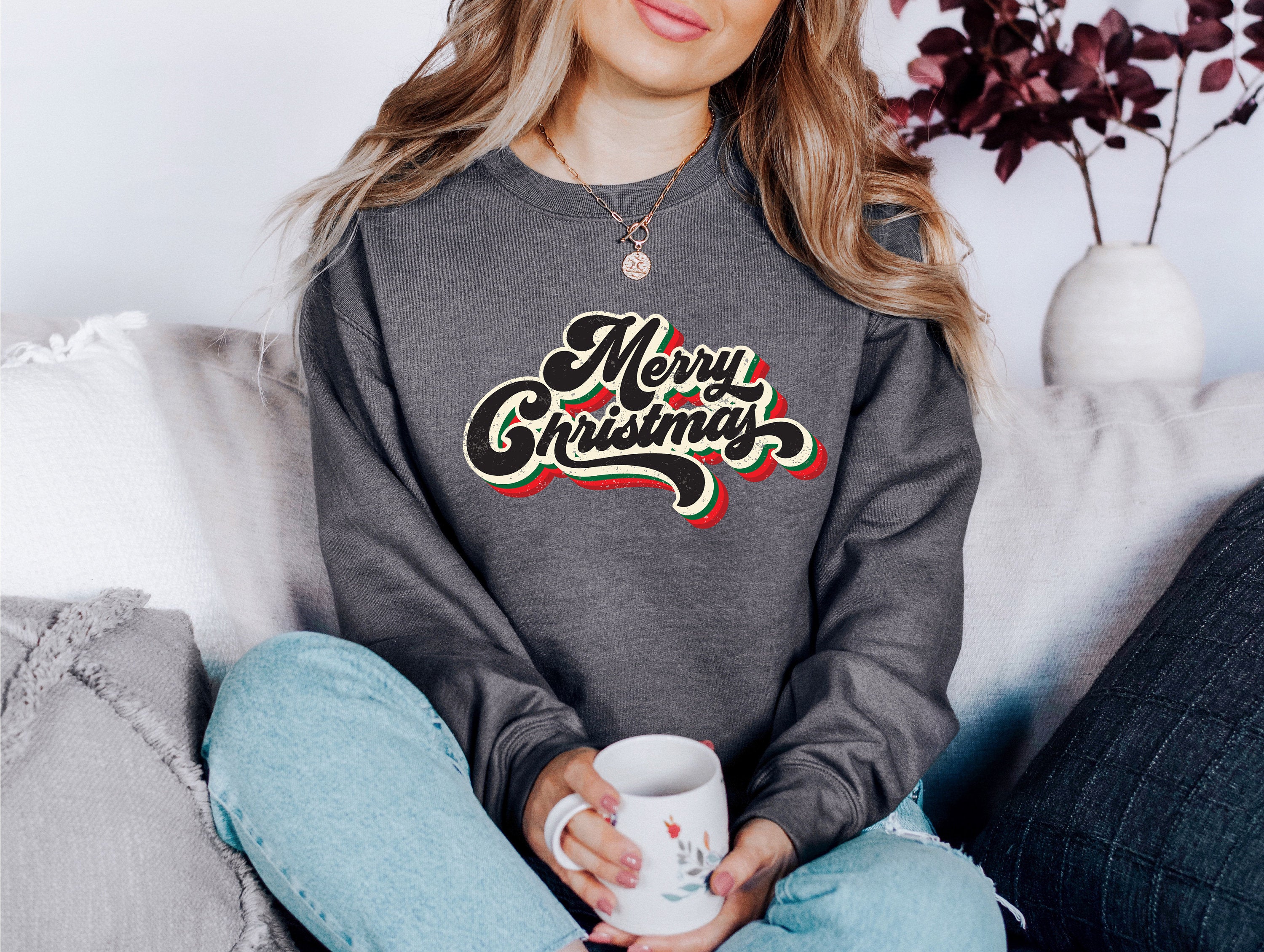 Boho Merry Christmas Tree Sweater, Vintage Christmas, Christmas Sweatshirt, Women's Cute Santa, Xmas Graphic Pullover, Holiday Ugly Sweater