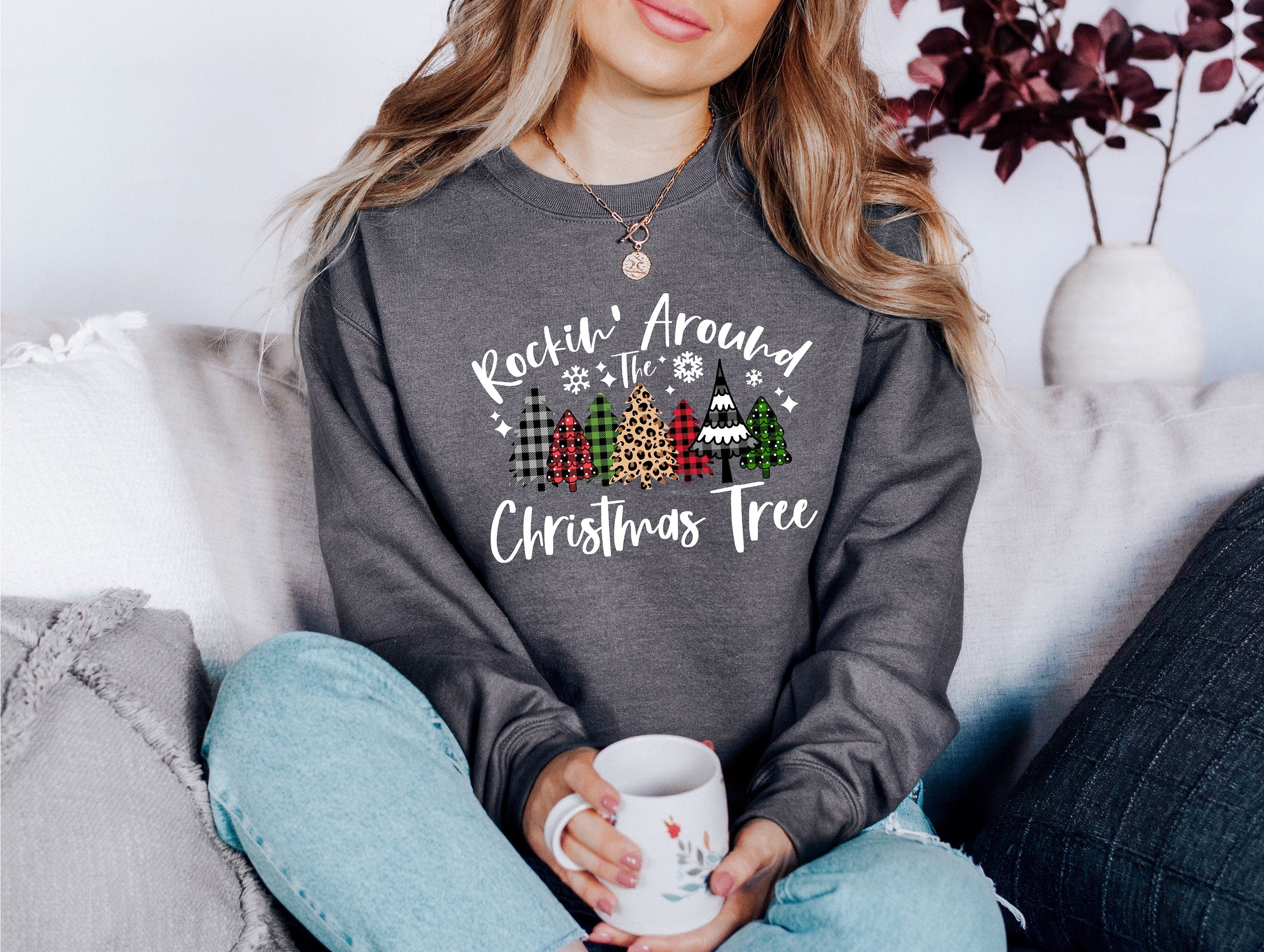 Rockin' Around Sweater, Vintage Christmas, Christmas Tree Sweatshirt, Womens Cute Santa, Xmas Graphic Pullover, Holiday Ugly Sweater