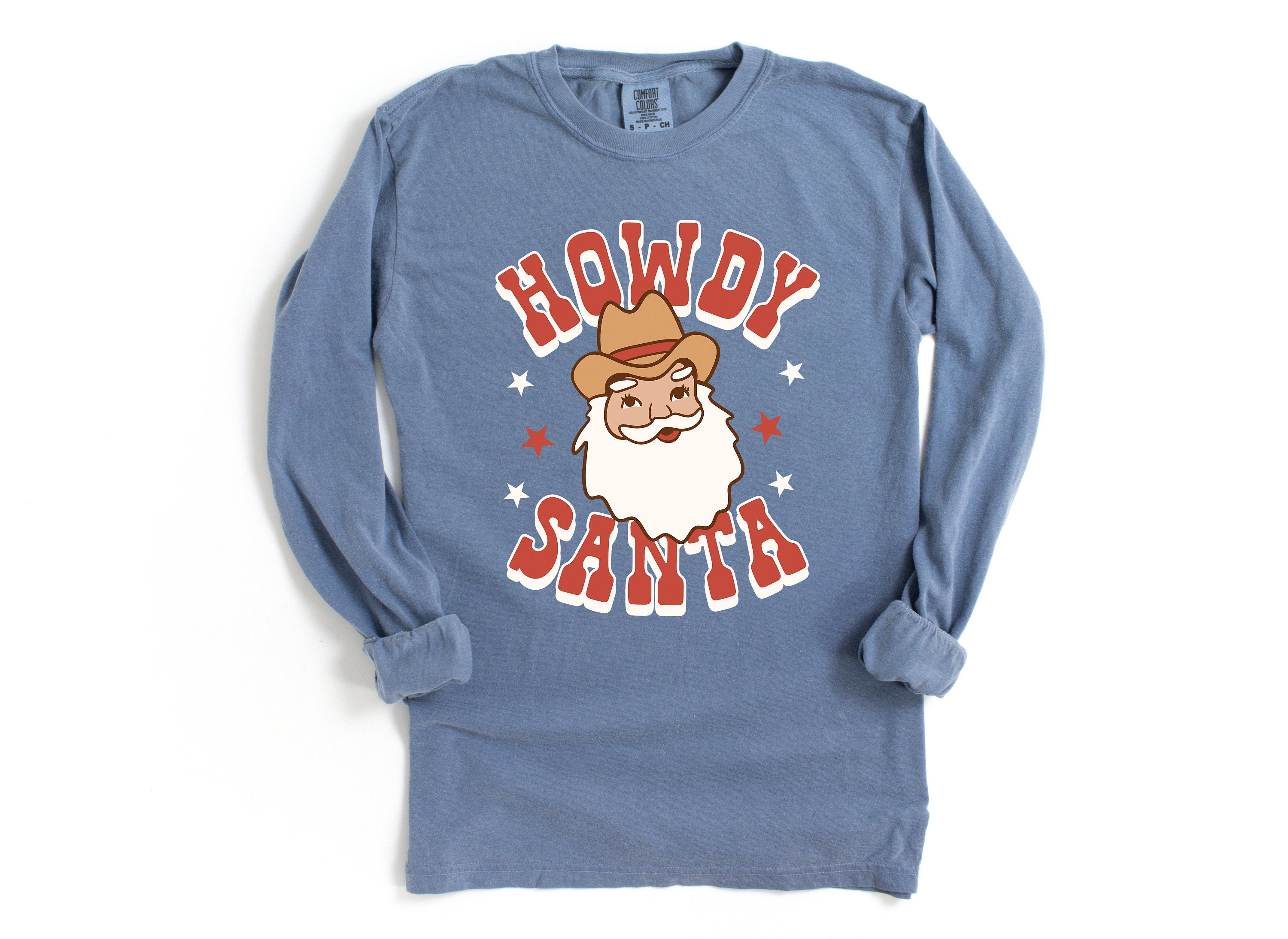 Long Sleeve Retro Christmas Comfort Colors shirt, Howdy Santa Shirt, Vintage Christmas Santa Shirt, Xmas Shirt, Retro Long Sleeve Shirt