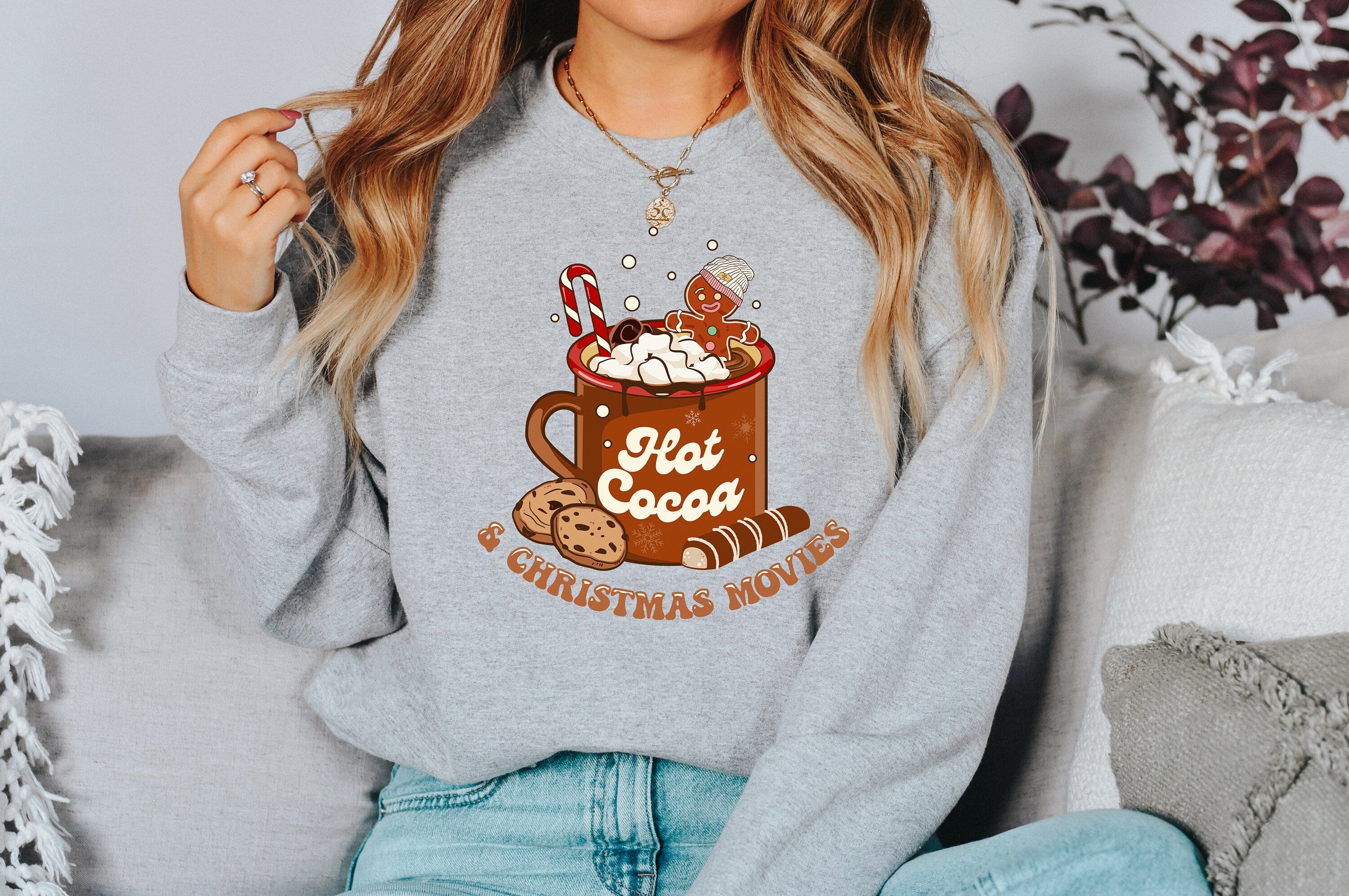 Hot Cocoa And Christmas Movies Sweater, Vintage Christmas Sweatshirt, Women's Cute Santa, Xmas Graphic Pullover, Holiday Ugly Sweater