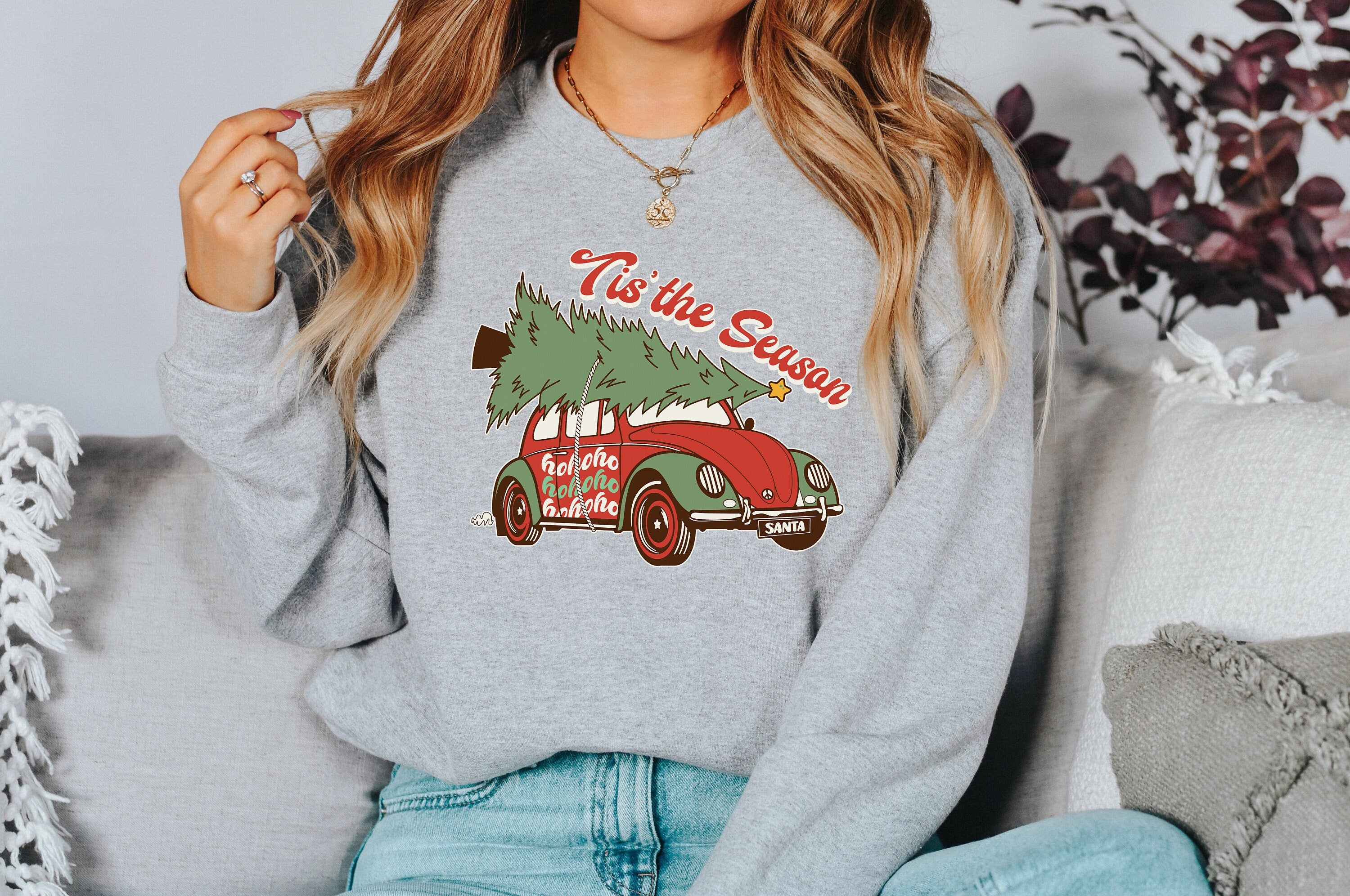 Tis The Season Van Sweater, Vintage Christmas, Christmas Sweatshirt, Women's Cute Santa, Xmas Graphic Pullover, Holiday Ugly Sweater