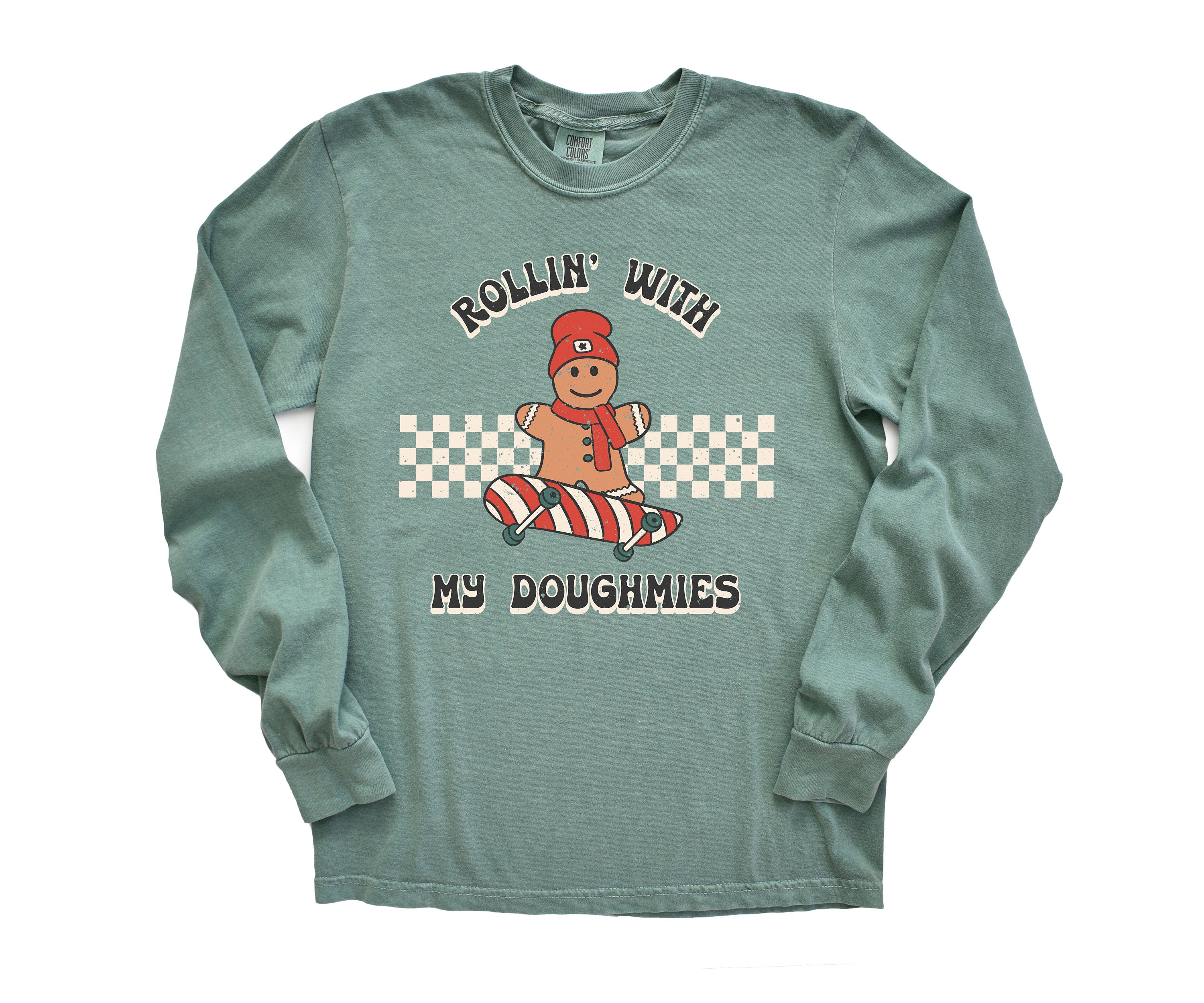 Long Sleeve Retro Christmas Comfort Colors shirt, Rollin With Doughmies, Vintage New Years Holiday Shirt, Santa Shirt, Retro Christmas Shirt