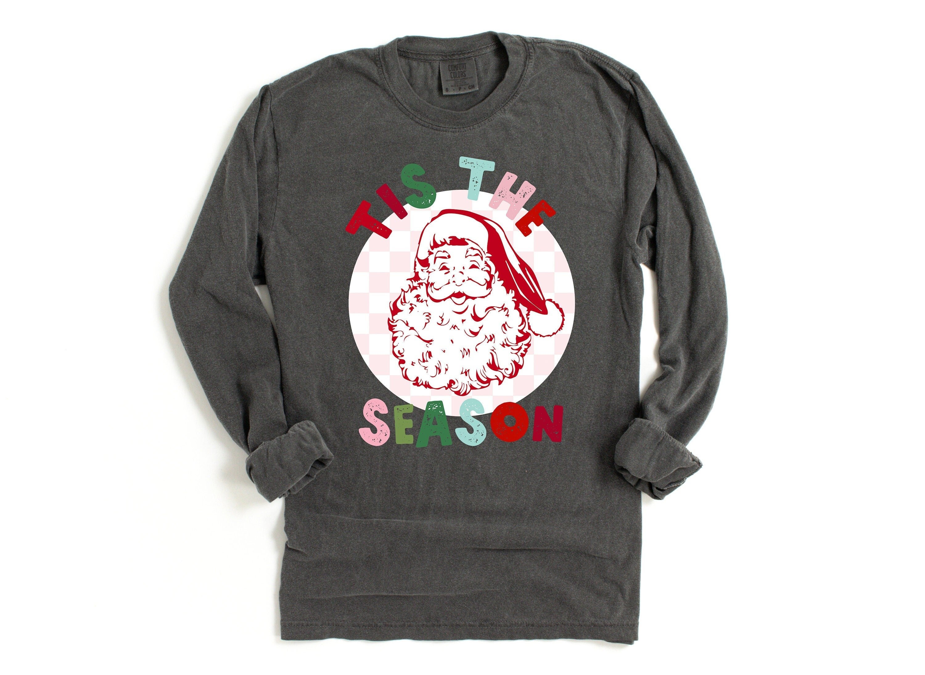 Long Sleeve Retro Christmas Comfort Colors Shirt, Tis The Season Santa, Vintage New Years Holiday Shirt, Santa Shirt, Retro Christmas Shirt