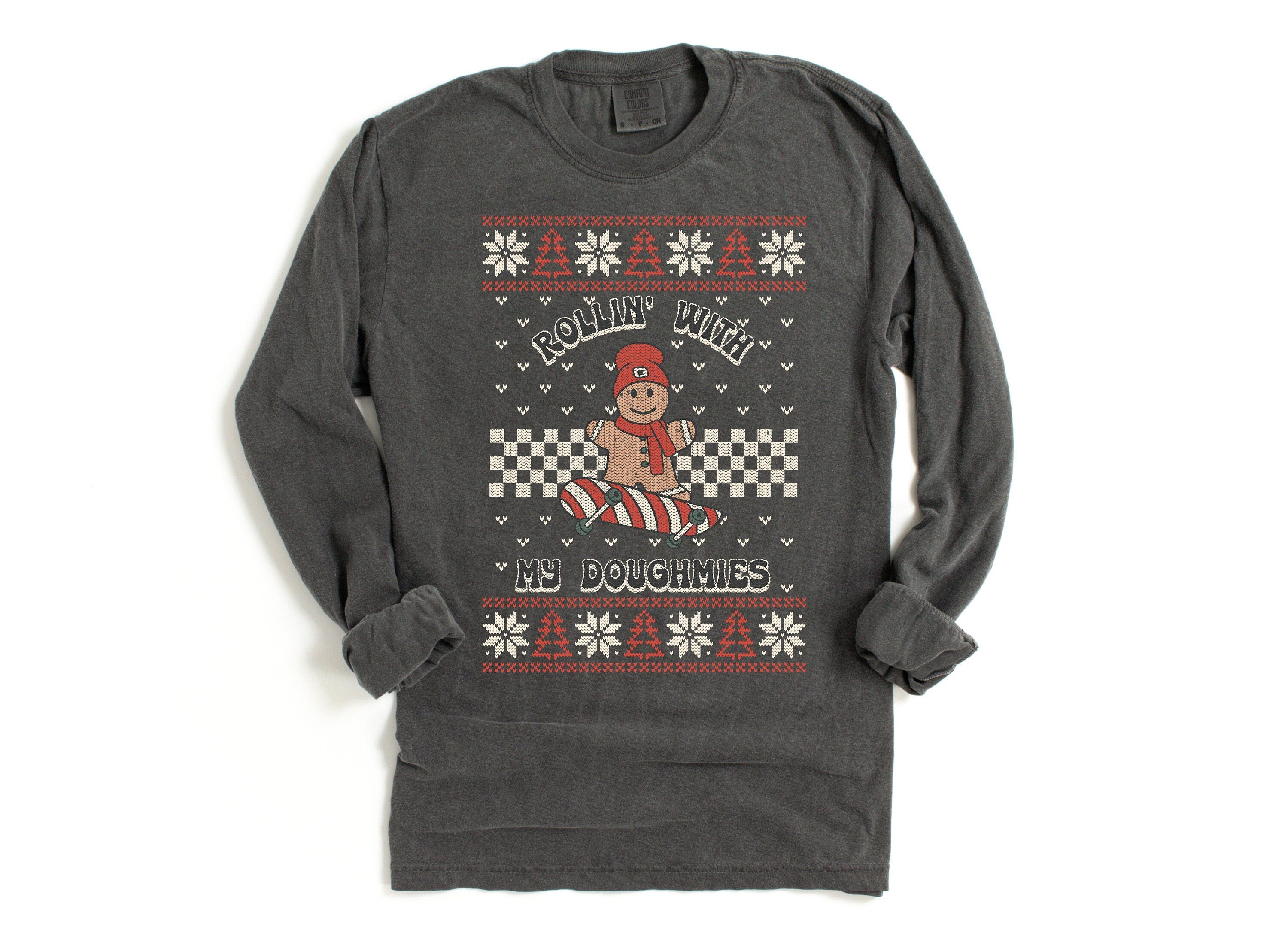 Long Sleeve Retro Christmas Comfort Colors shirt, Rollin With Doughmies, Vintage New Years Holiday Shirt, Santa Shirt, Retro Ugly Sweater