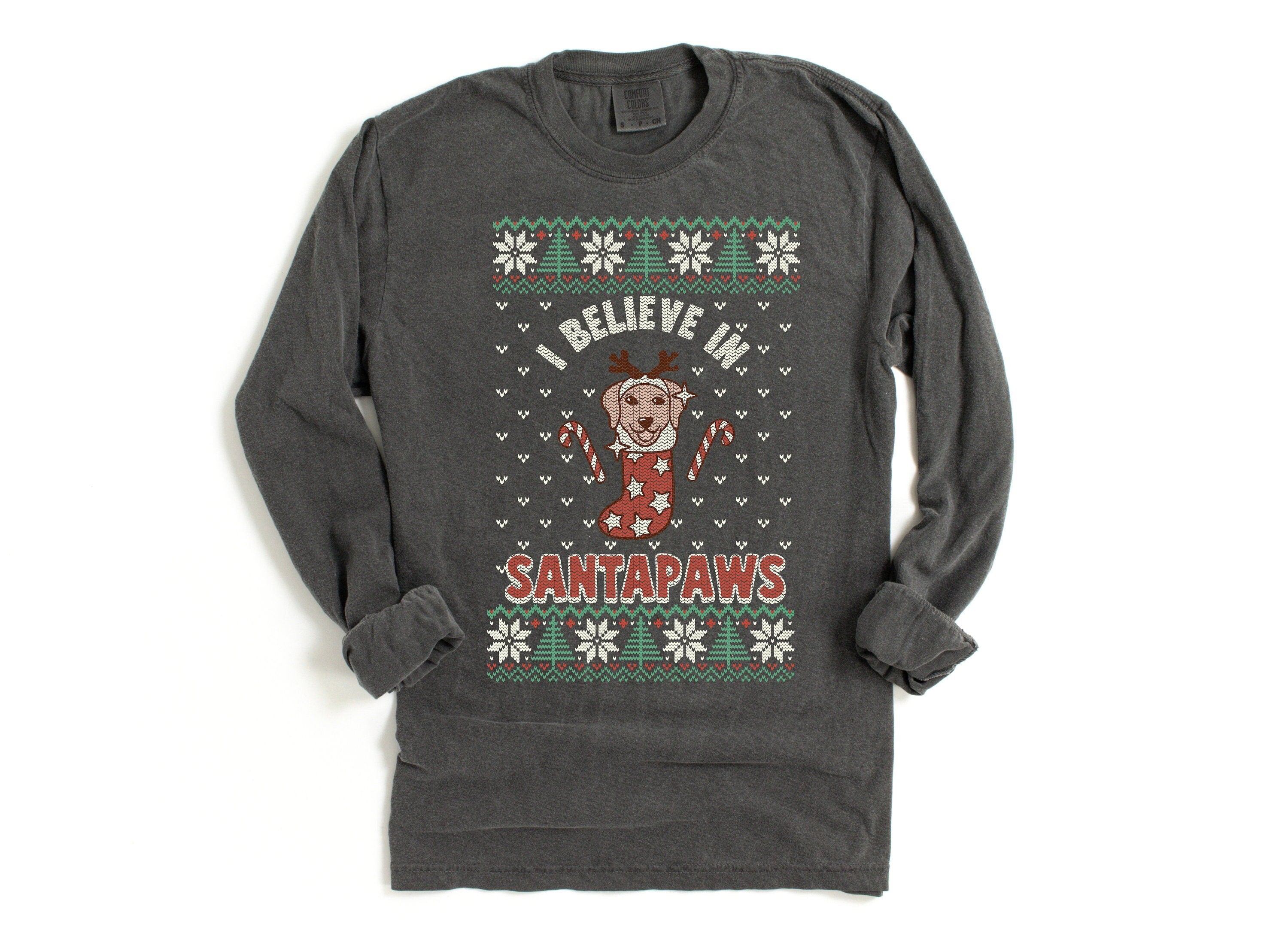 Long Sleeve Retro Christmas Comfort Colors shirt, Believe in Santapaws, Vintage New Years Holiday Shirt, Santa Shirt, Retro Ugly Sweater