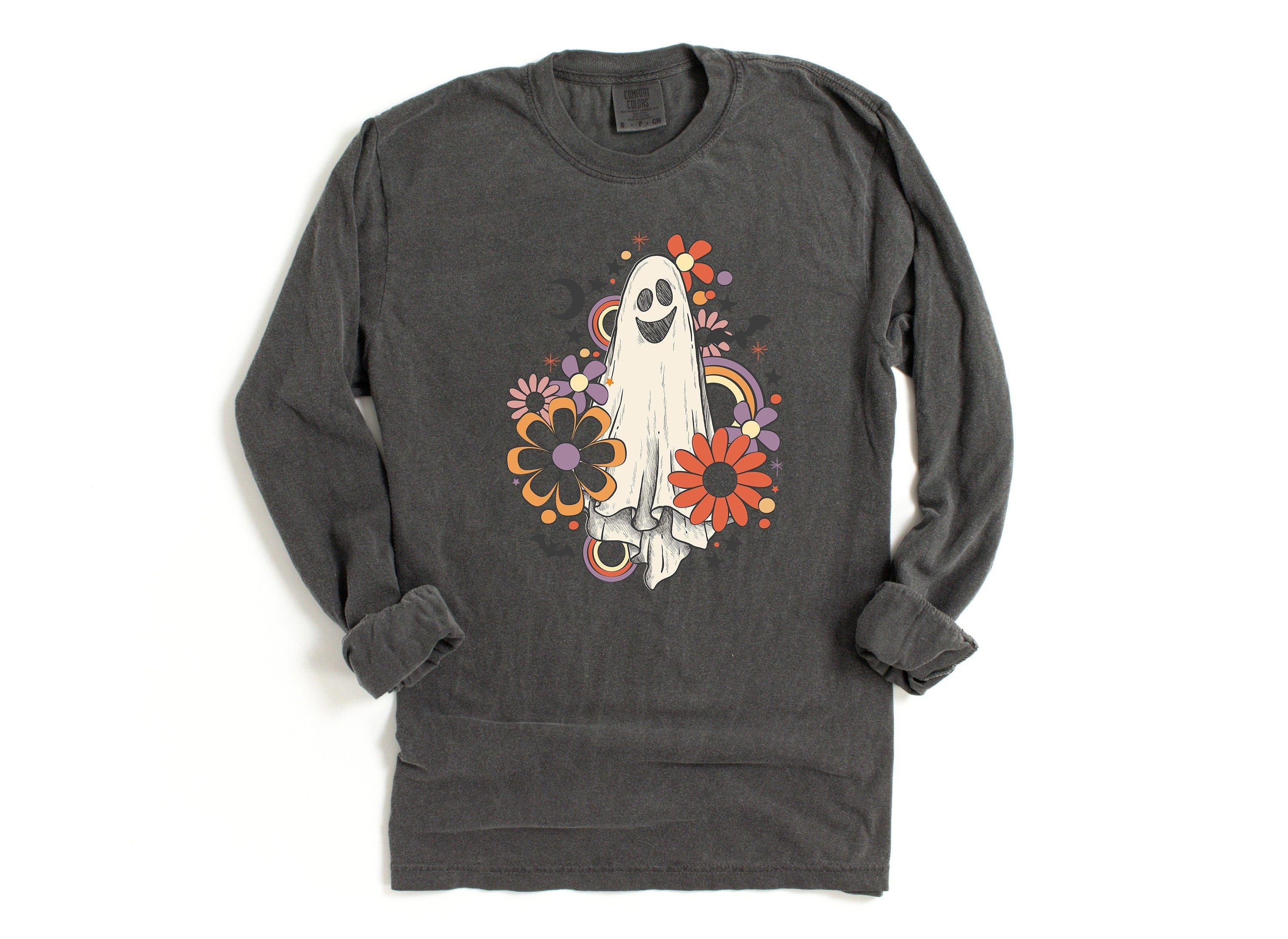 Long Sleeve Retro Halloween Comfort Colors shirt, Flower Ghost Sketch Shirt, Vintage Ghost Halloween Shirt, Witch Shirt, Retro Fall Shirt