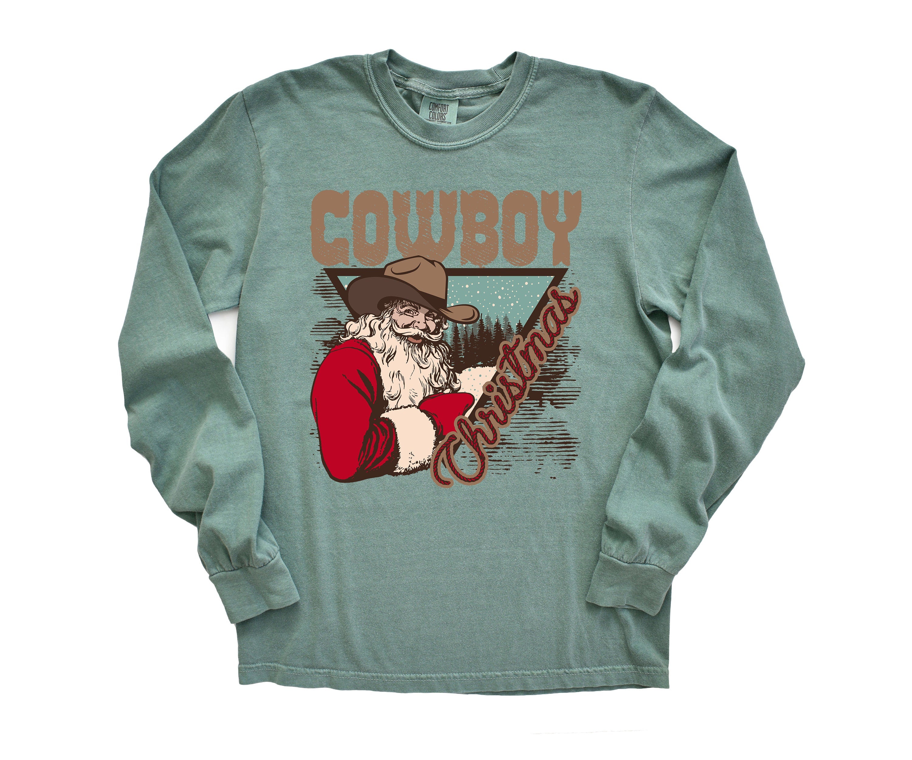 Long Sleeve Retro Christmas Comfort Colors shirt, Christmas Cowboy Shirt, Vintage Christmas Santa Shirt, Xmas Shirt, Retro Long Sleeve Shirt