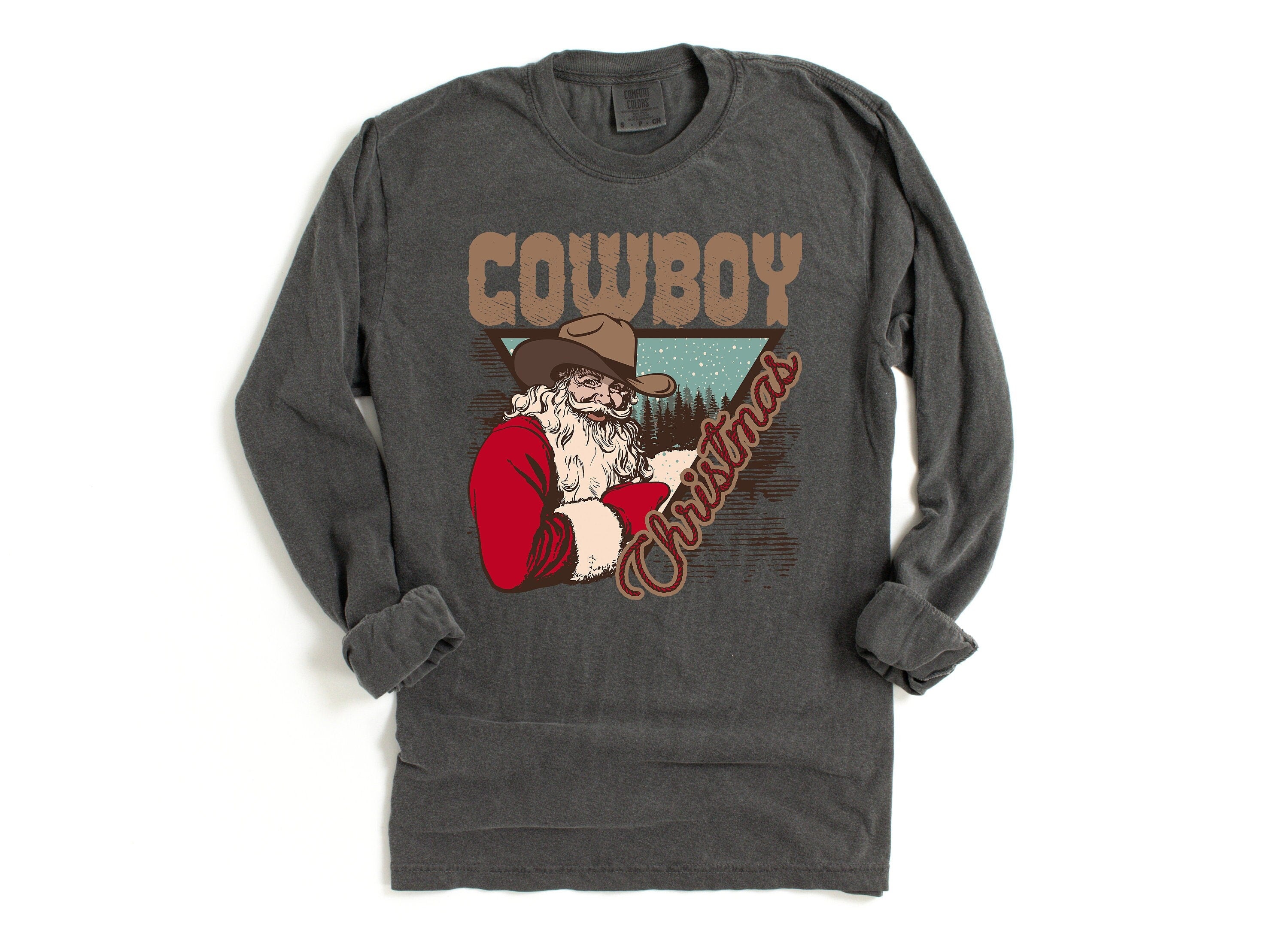 Long Sleeve Retro Christmas Comfort Colors shirt, Christmas Cowboy Shirt, Vintage Christmas Santa Shirt, Xmas Shirt, Retro Long Sleeve Shirt