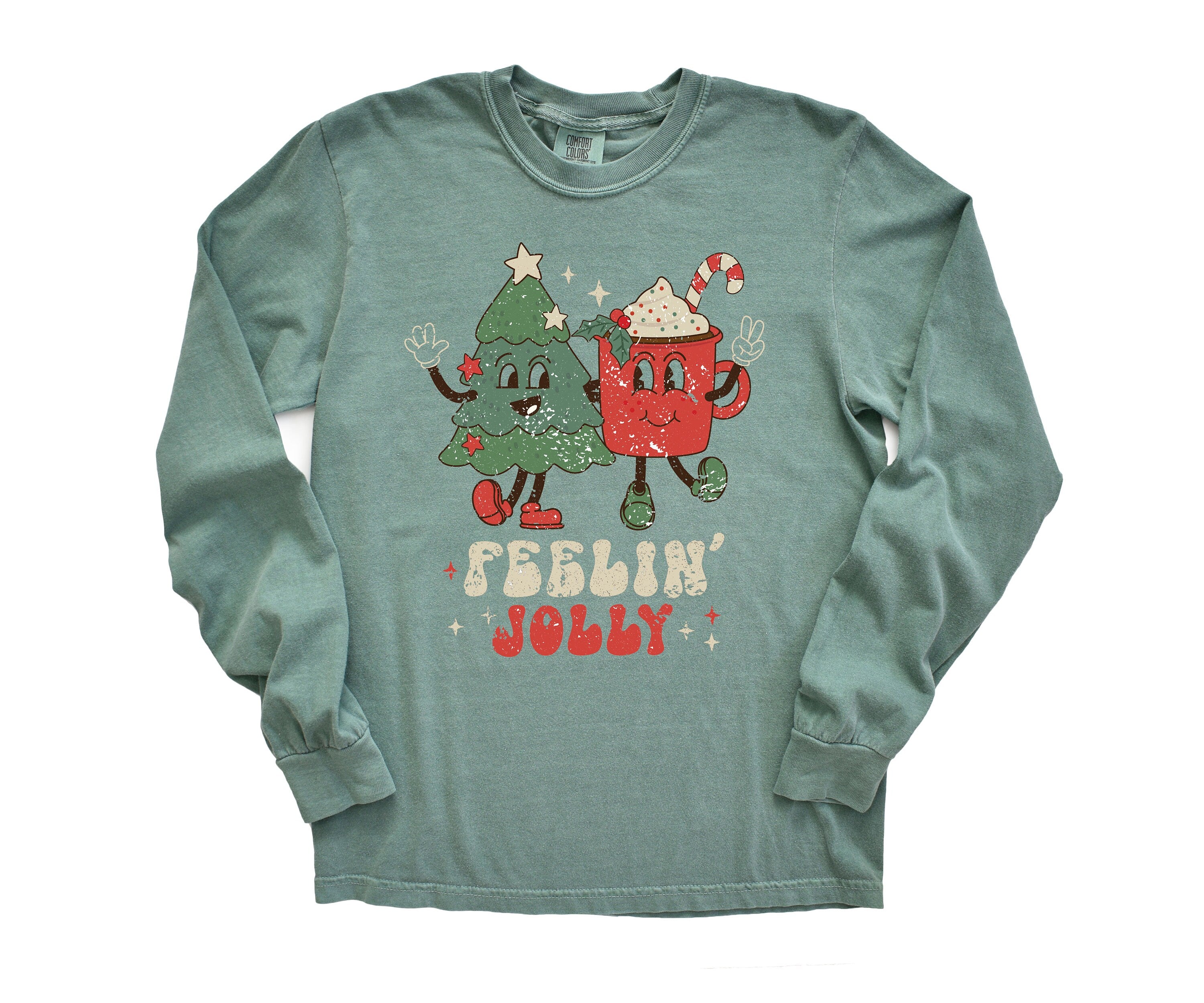 Long Sleeve Retro Christmas Comfort Colors Shirt, Feeling Jolly Tree & Hot Cocoa, Vintage Holiday Shirt, Santa Shirt, Retro Christmas Shirt