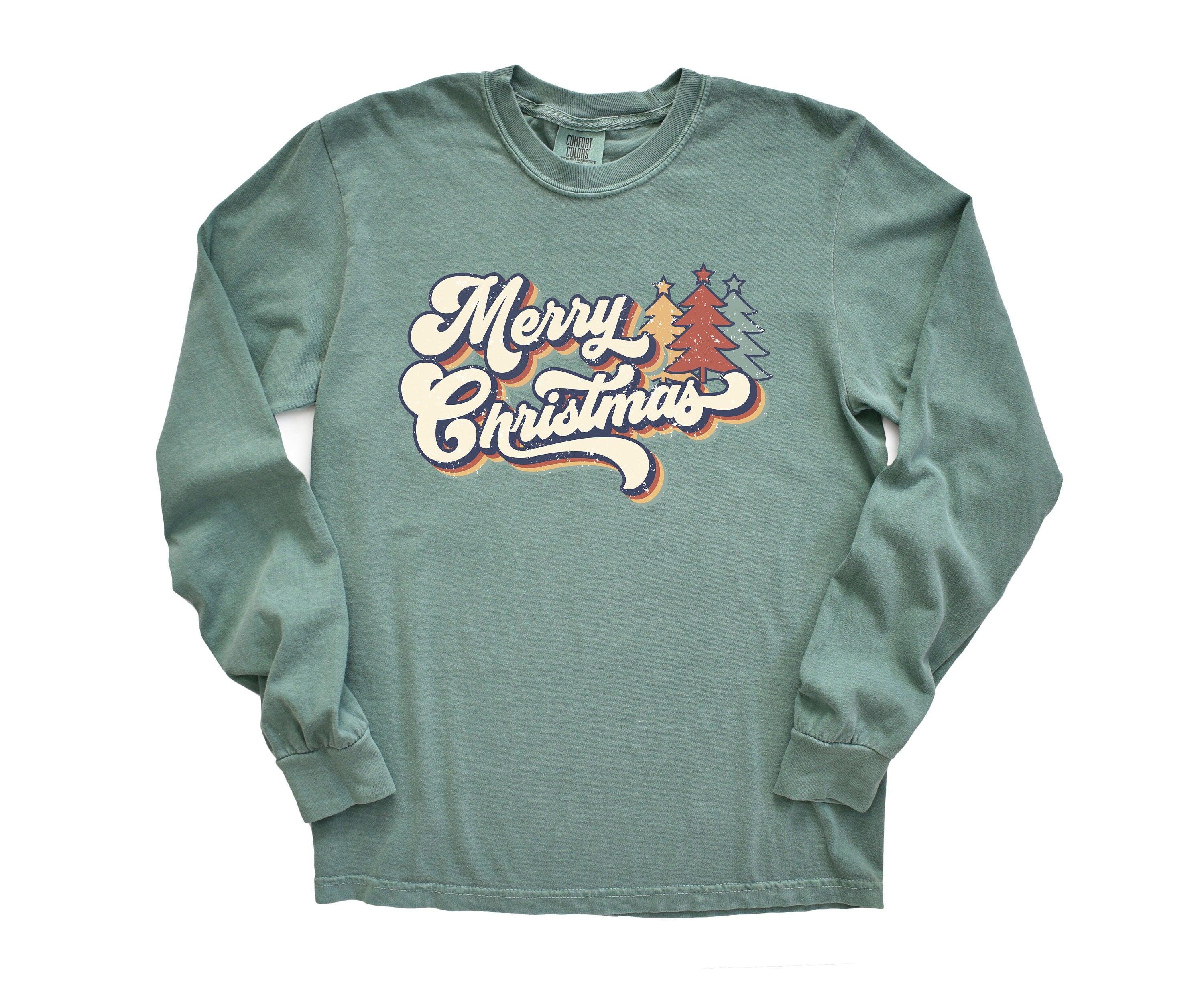 Long Sleeve Retro Christmas Comfort Colors shirt, Merry Christmas Boho Tree, Vintage Holiday Shirt, Santa Shirt, Retro Christmas Shirt