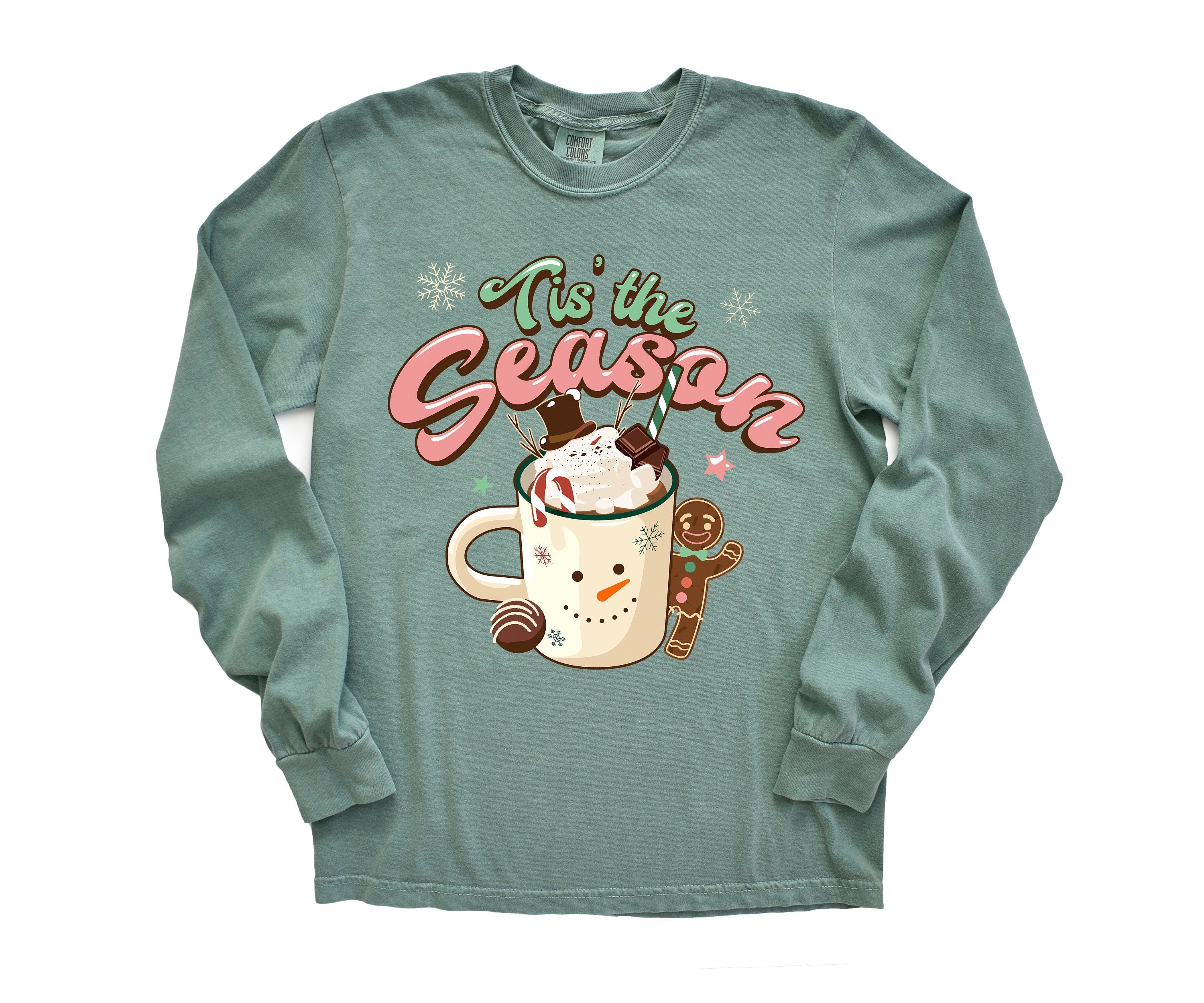 Long Sleeve Retro Christmas Comfort Colors Shirt, Tis The Season Hot Cocoa, Vintage Holiday Shirt, Santa Shirt, Retro Christmas Shirt