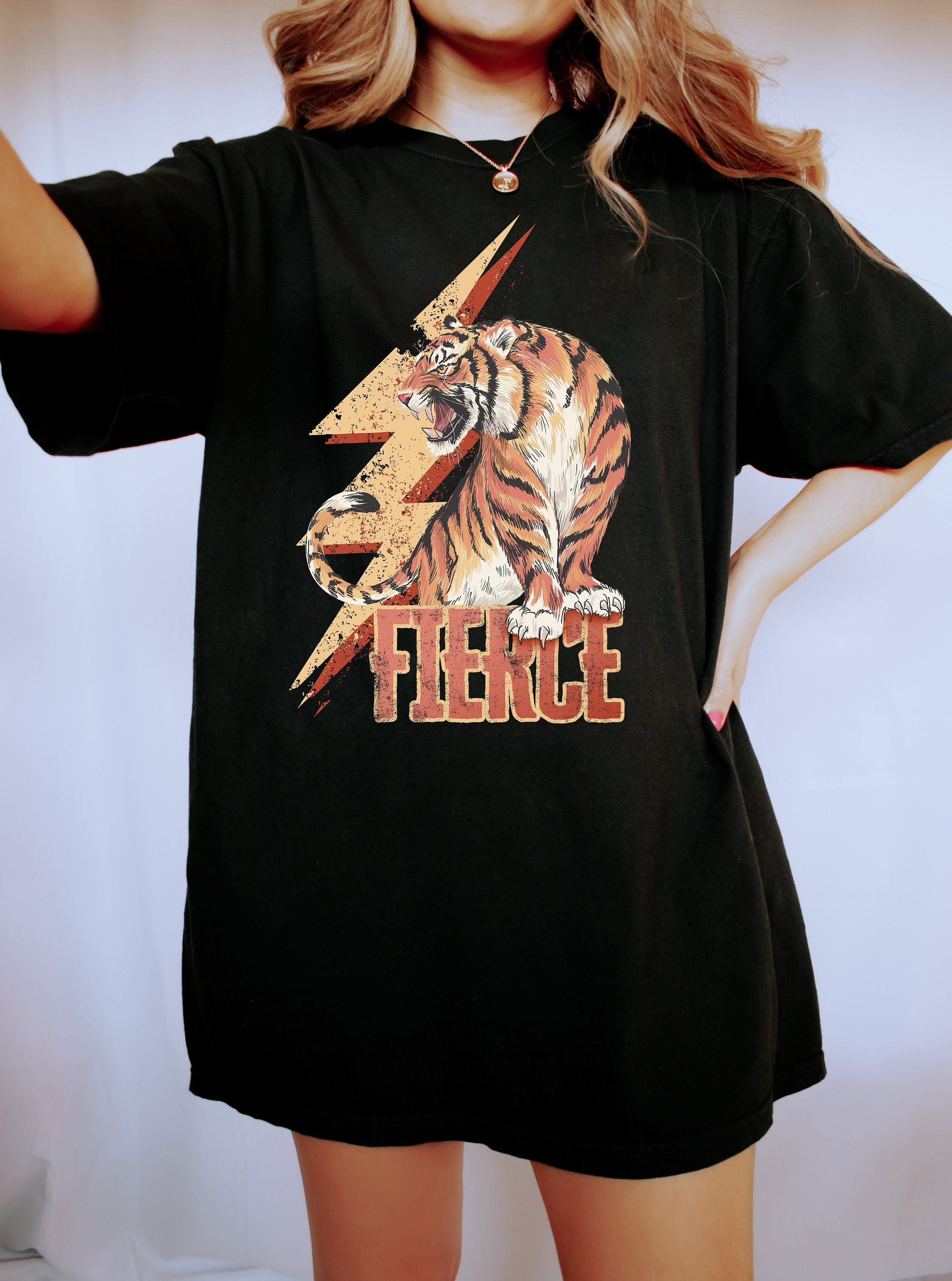 Retro Comfort Colors Shirt, Fierce Tiger Lighting Shirt, Vintage Free Spirit Shirt, Oversized Shirt, Retro Graphic Shirt, Distressed Tee