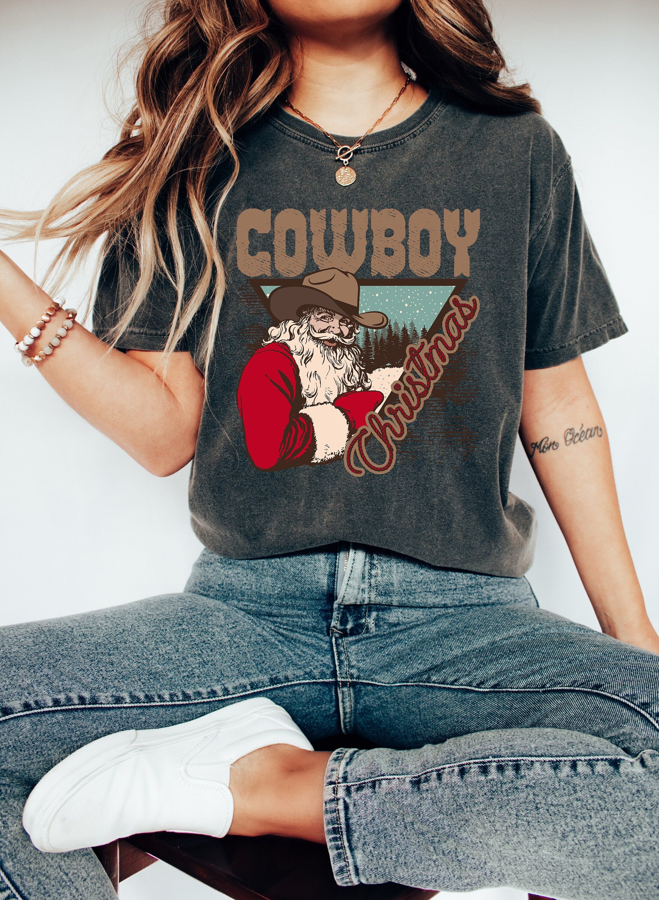 Retro Christmas Comfort Colors Shirt, Christmas Cowboy Western Shirt, Vintage Santa Christmas Shirt, Retro Holiday Shirt, Ugly Sweater Shirt