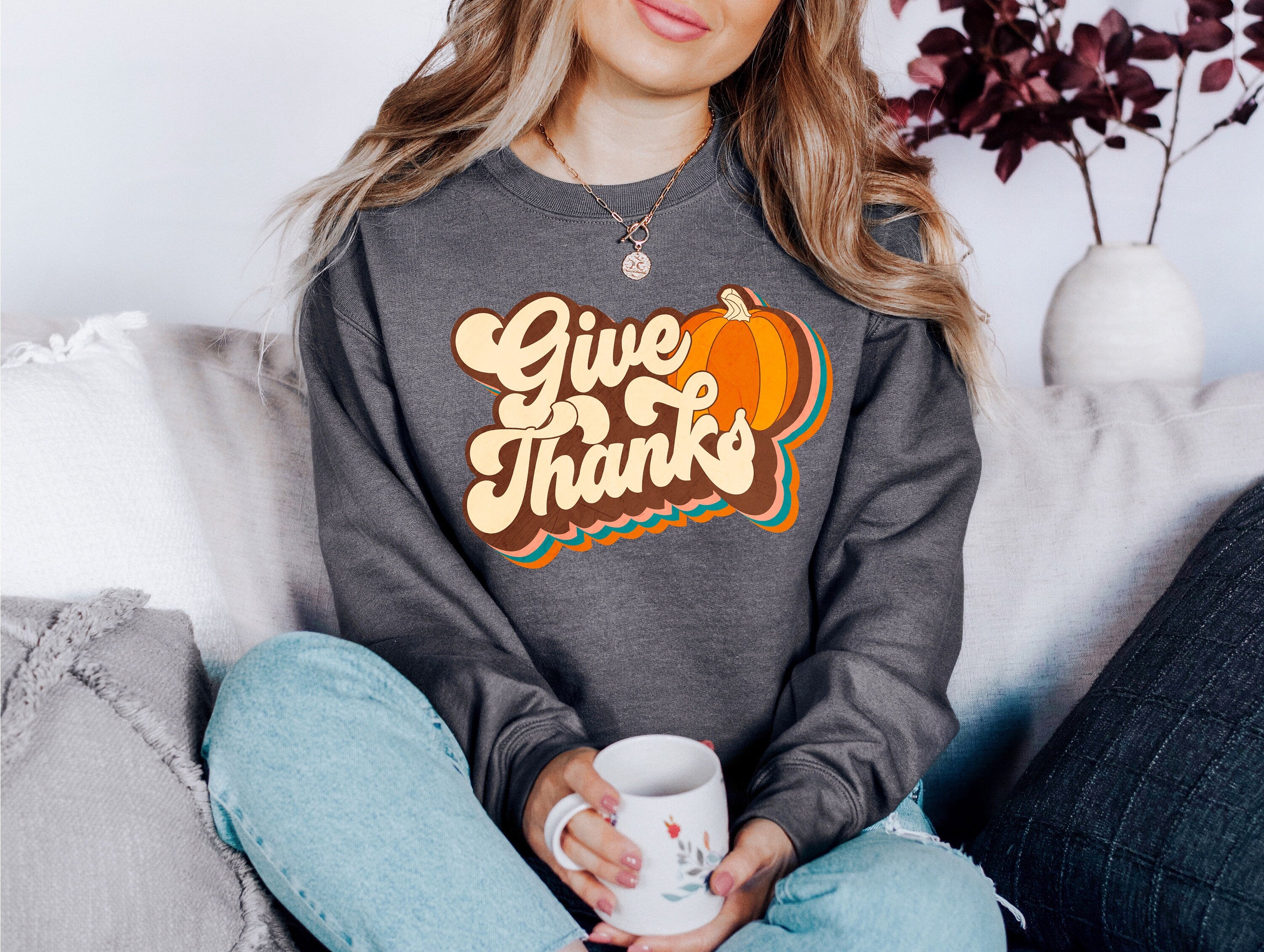 Give Thanks Fall Sweatshirt, Retro Thanksgiving Women's Sweater, Vintage Unisex Sweater, Fall Shirt, Womens Cute Thanksgiving Graphic