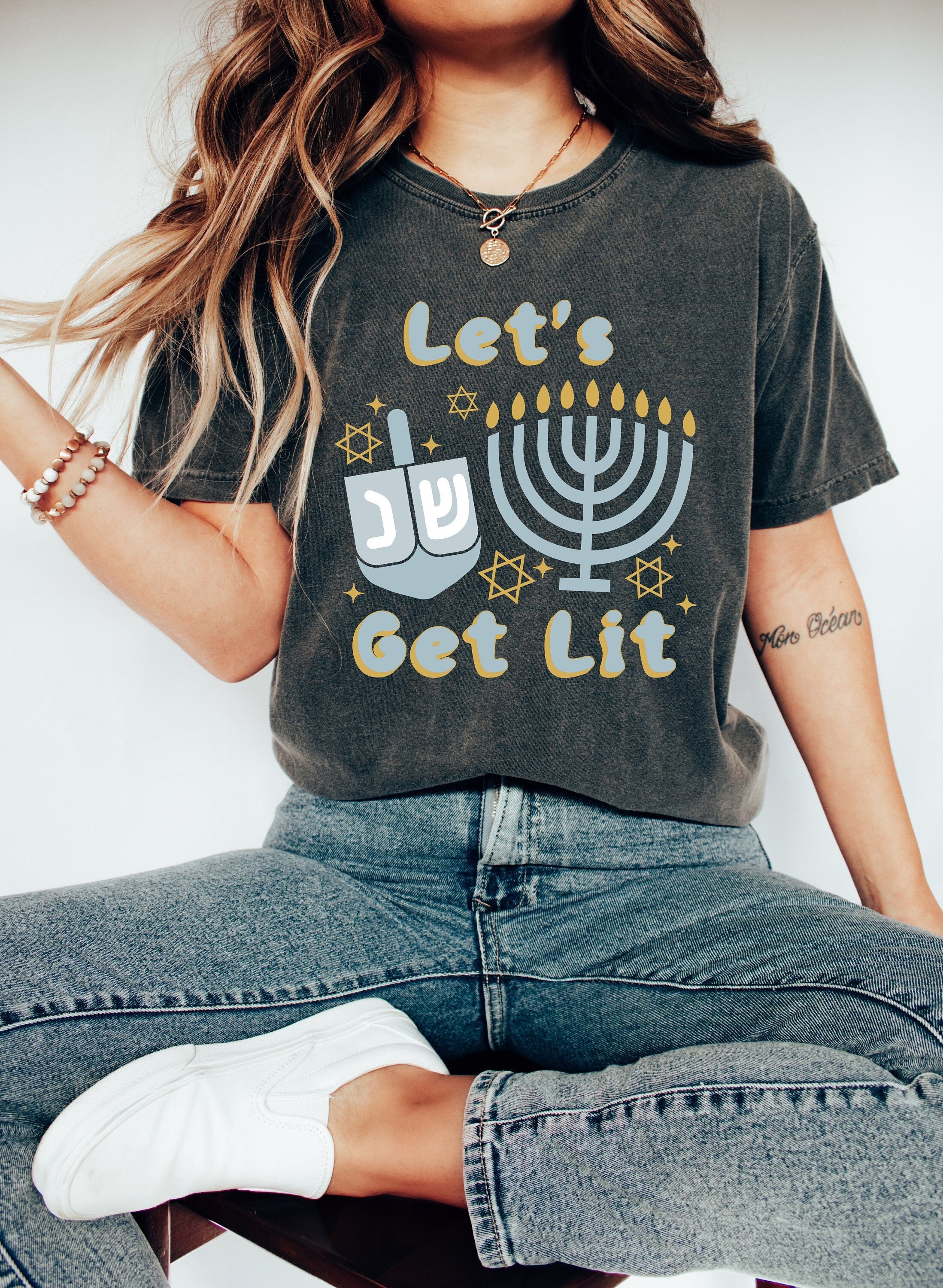 Retro Hanukkah Comfort Colors Shirt, Let's Get Lit Shirt Holiday Shirt, Jewish Saying Shirt, Holiday Shirt, Religious Shirt for Jewish
