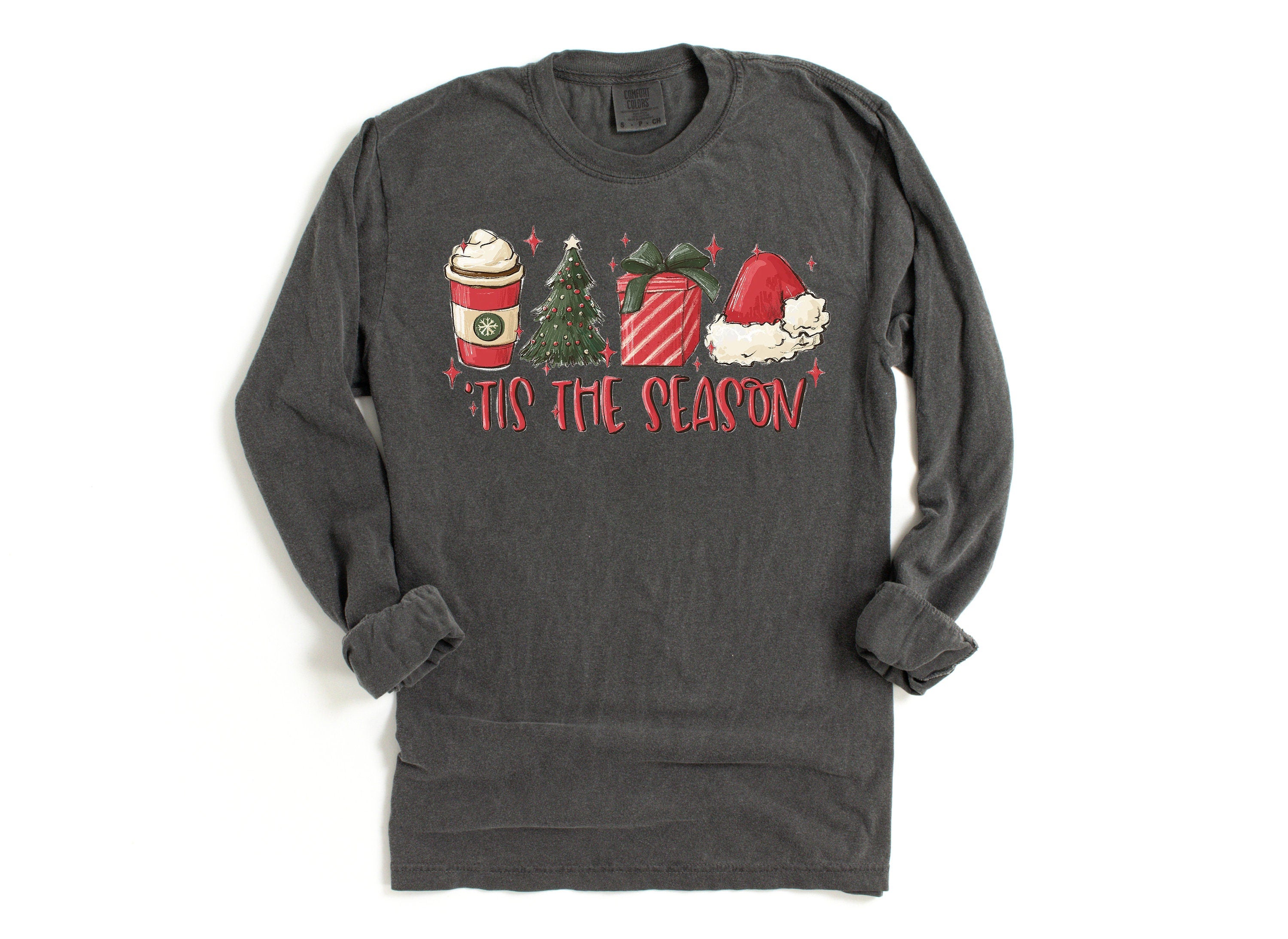 Long Sleeve Retro Christmas Comfort Colors Shirt, Tis The Season Hot Cocoa, Vintage Holiday Shirt, Santa Shirt, Retro Christmas Shirt