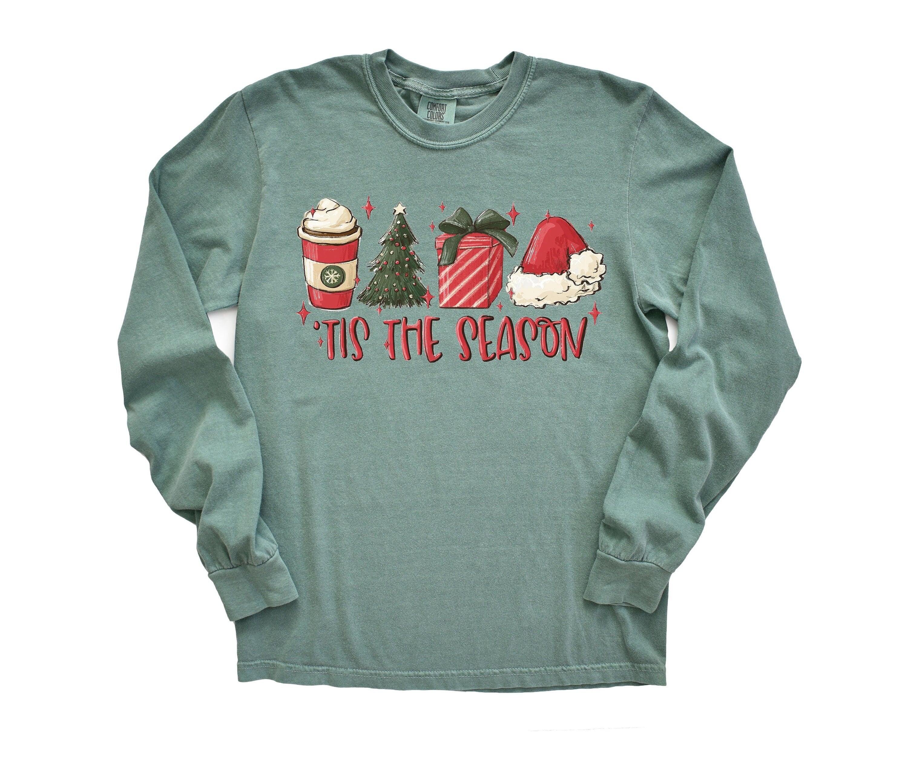 Long Sleeve Retro Christmas Comfort Colors Shirt, Tis The Season Hot Cocoa, Vintage Holiday Shirt, Santa Shirt, Retro Christmas Shirt