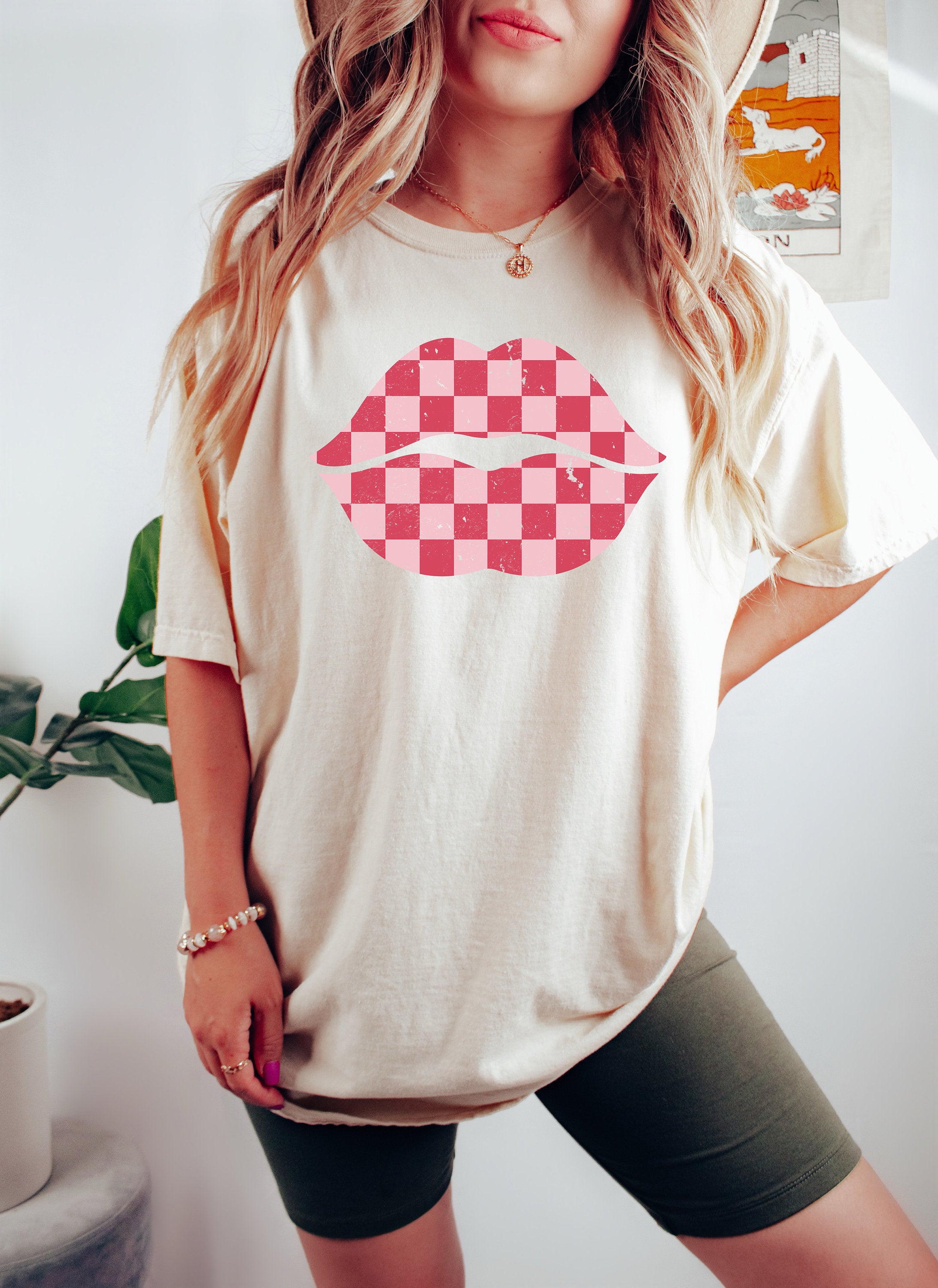 Retro Valentines Day Comfort Colors Shirt, Checkered Lips Love Shirt, Vintage Couples Shirt, Love Shirt, Heart Shirt, Proud Single Shirt