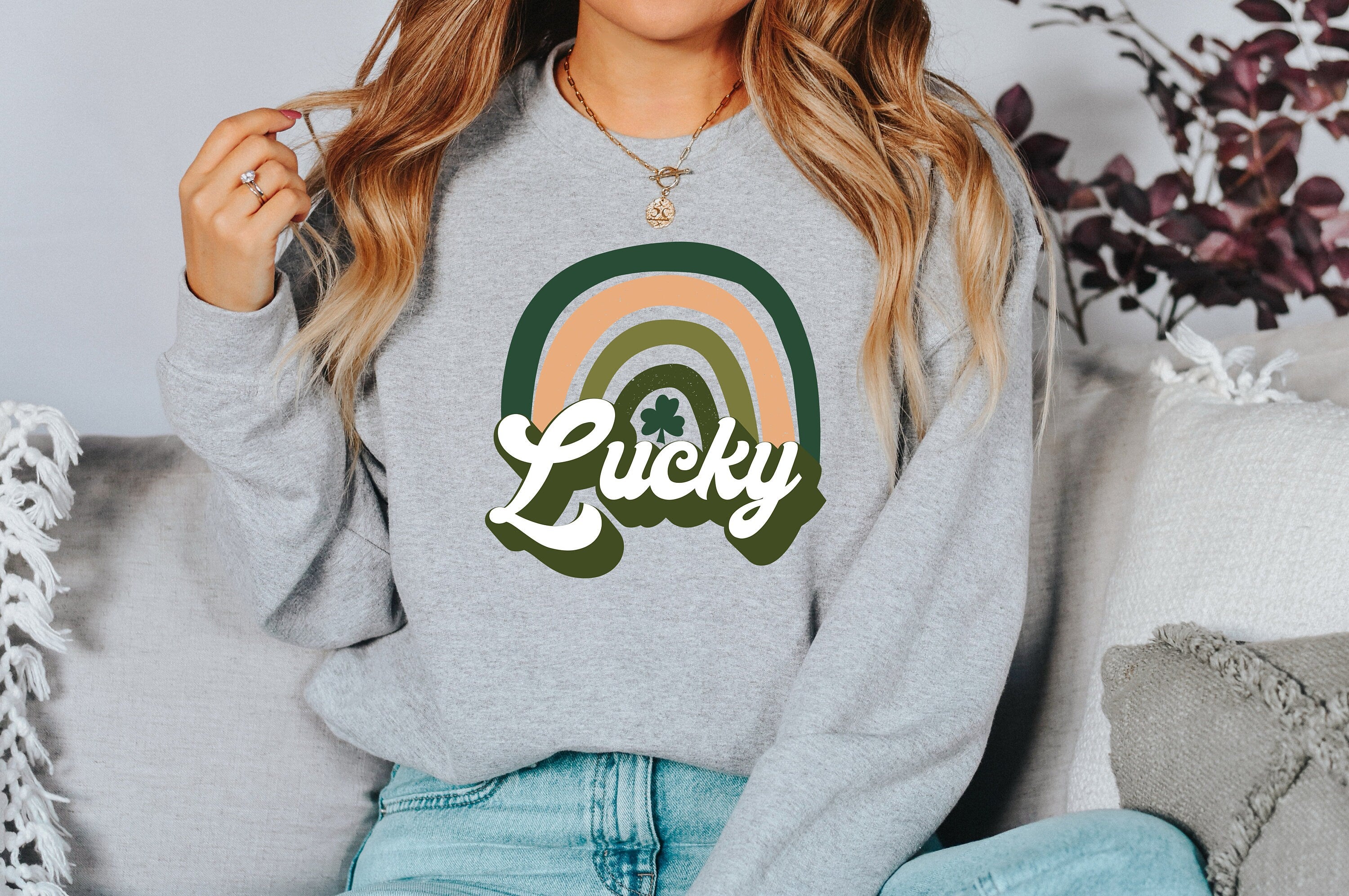 Retro Rainbow Sweatshirt, Lucky Rainbow Sweater, St Patricks Day Sweatshirt, Lucky Pullover, Womens Sweatshirt, Crewneck, Shamrock Shirt