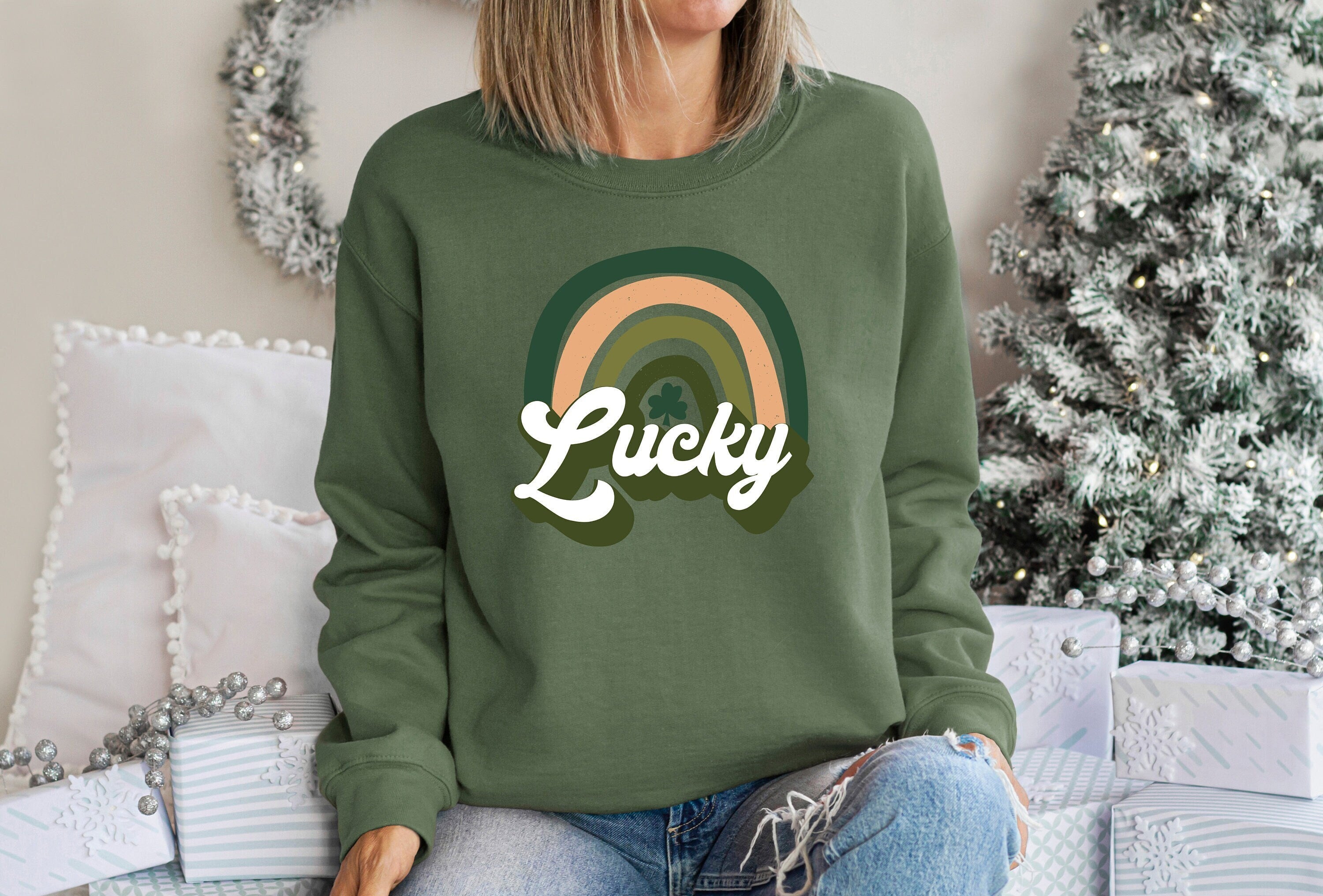 Retro Rainbow Sweatshirt, Lucky Rainbow Sweater, St Patricks Day Sweatshirt, Lucky Pullover, Womens Sweatshirt, Crewneck, Shamrock Shirt