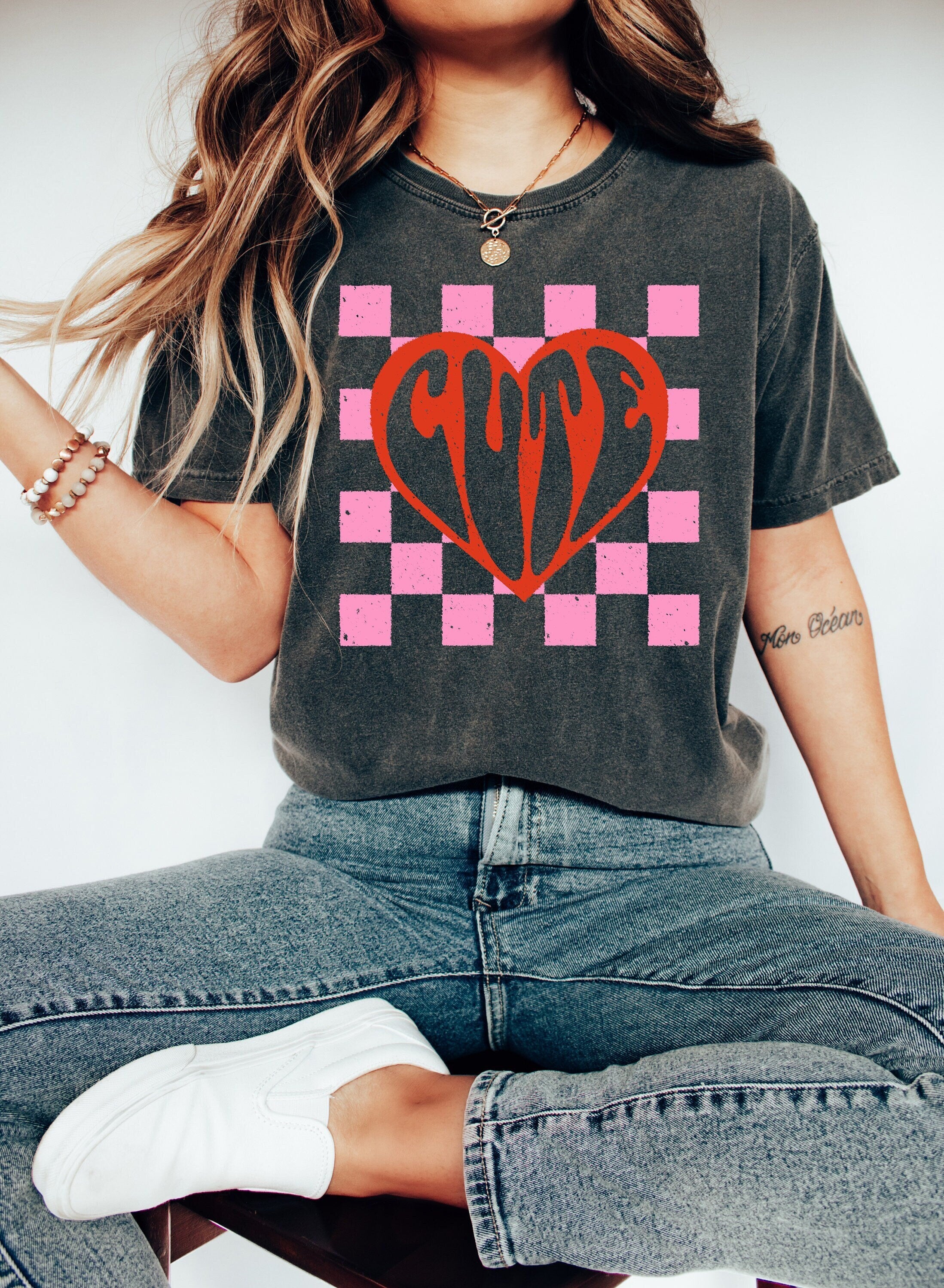 Retro Valentines Day Comfort Colors Shirt, Checkered Cute Love Shirt, Vintage Couples Shirt, Love Shirt, Heart Shirt, Proud Single Shirt