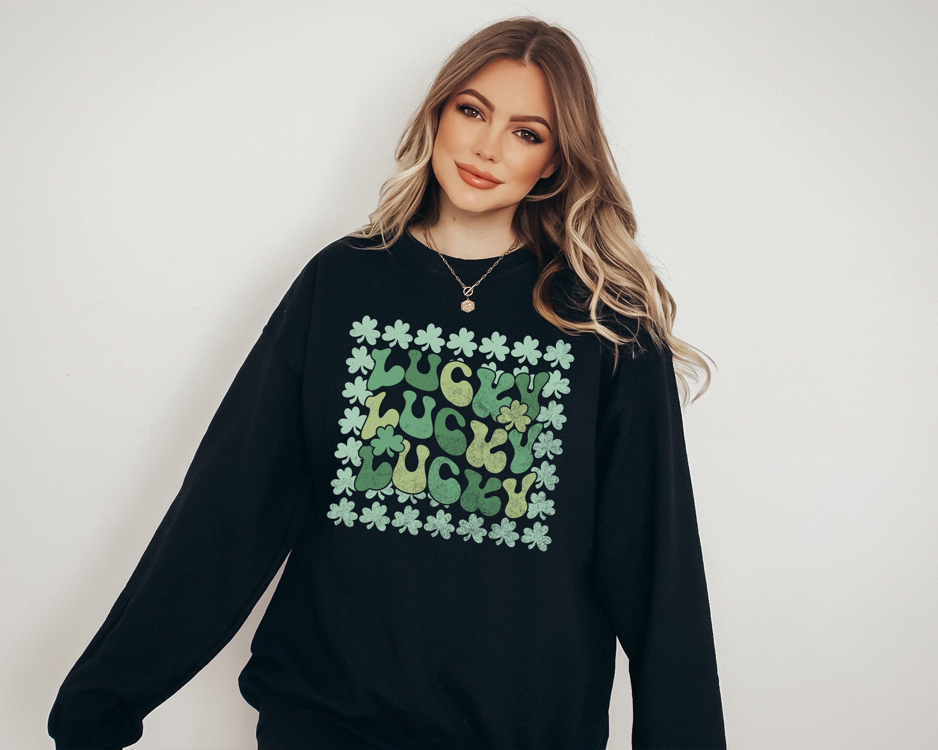 Lucky Retro Sweatshirt, Lucky Clover Sweater, St Patricks Day Sweatshirt, Lucky Pullover, Womens Lucky Sweatshirt, Lucky Crewneck, Shamrock