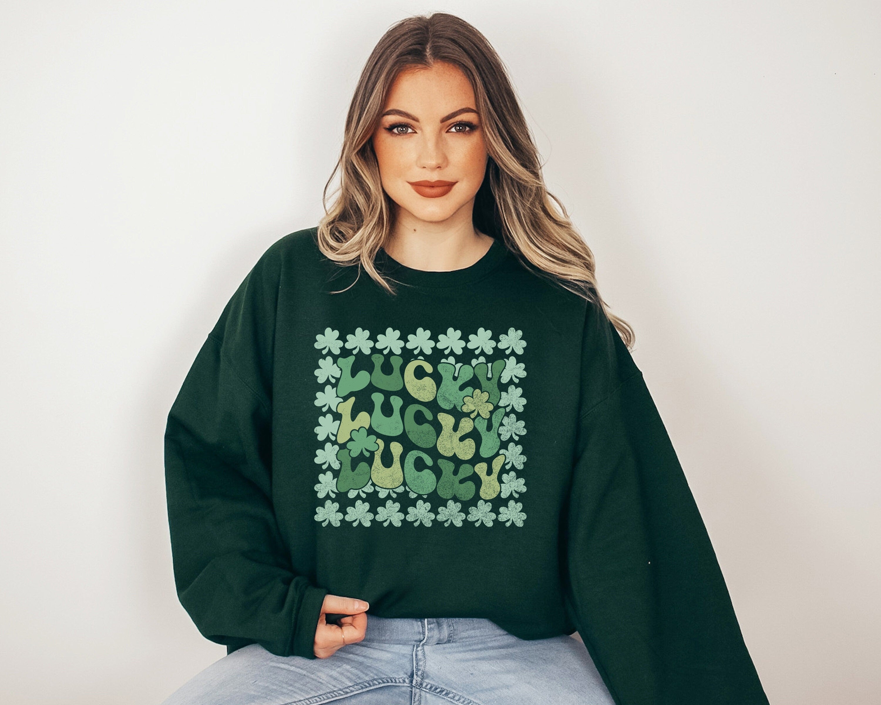 Lucky Retro Sweatshirt, Lucky Clover Sweater, St Patricks Day Sweatshirt, Lucky Pullover, Womens Lucky Sweatshirt, Lucky Crewneck, Shamrock