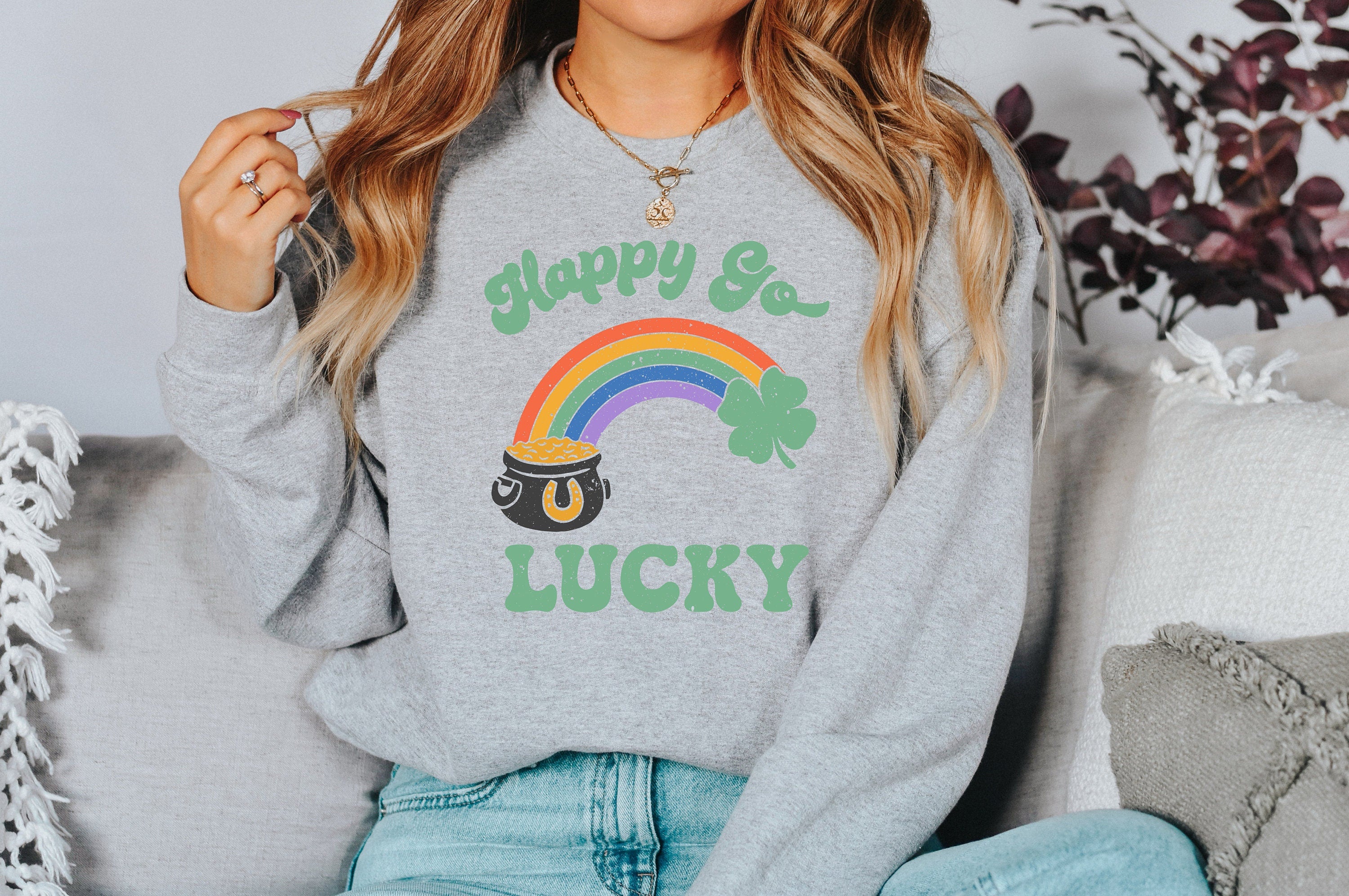 Happy Go Lucky Sweatshirt, Lucky Rainbow Sweater, St Patricks Day Sweatshirt, Lucky Pullover, Womens Sweatshirt, Crewneck, Shamrock Shirt