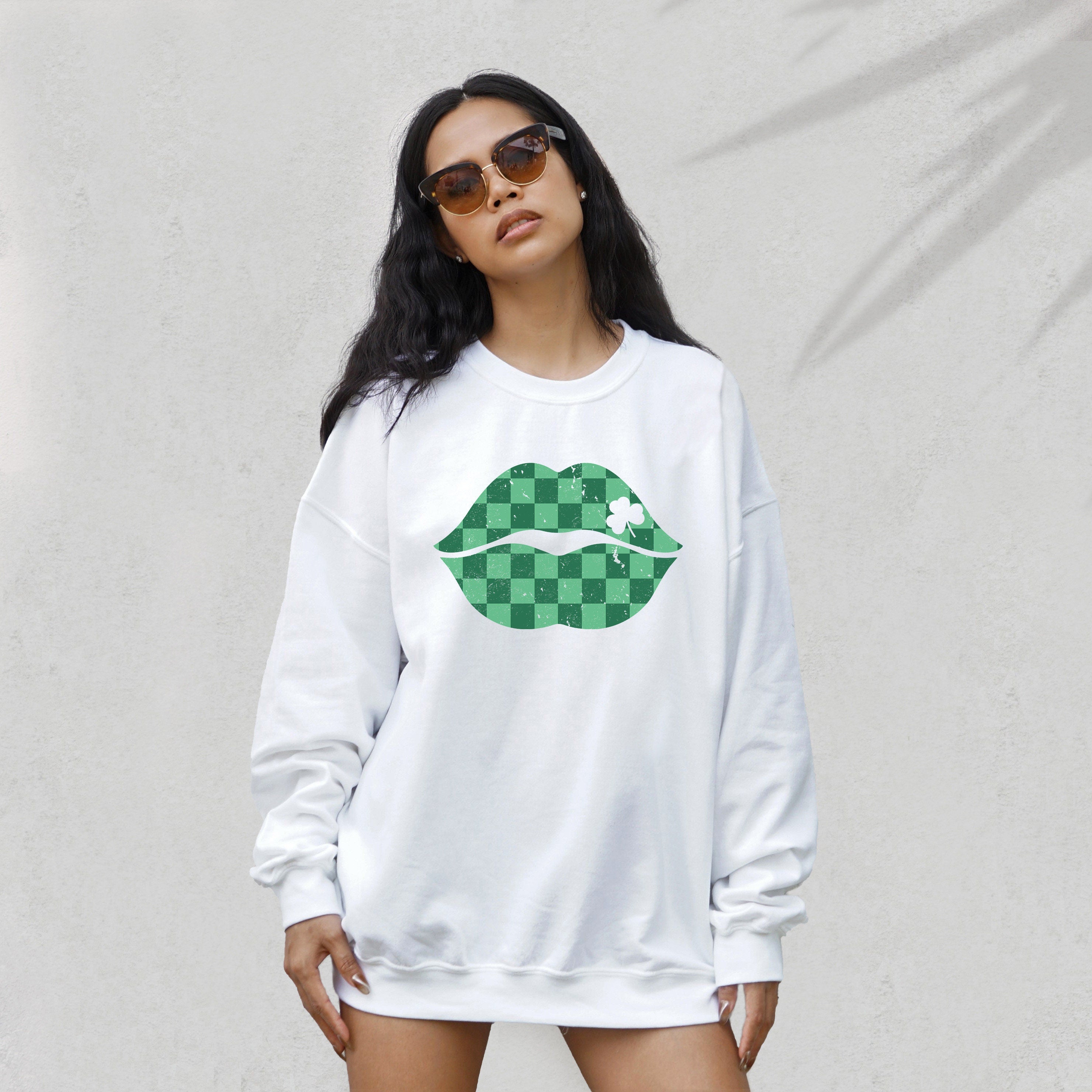 Lucky Retro Sweatshirt, Checkered Lips Sweater, St Patricks Day, Lucky Pullover, Womens Lucky Sweatshirt, Lucky Crewneck, Shamrock